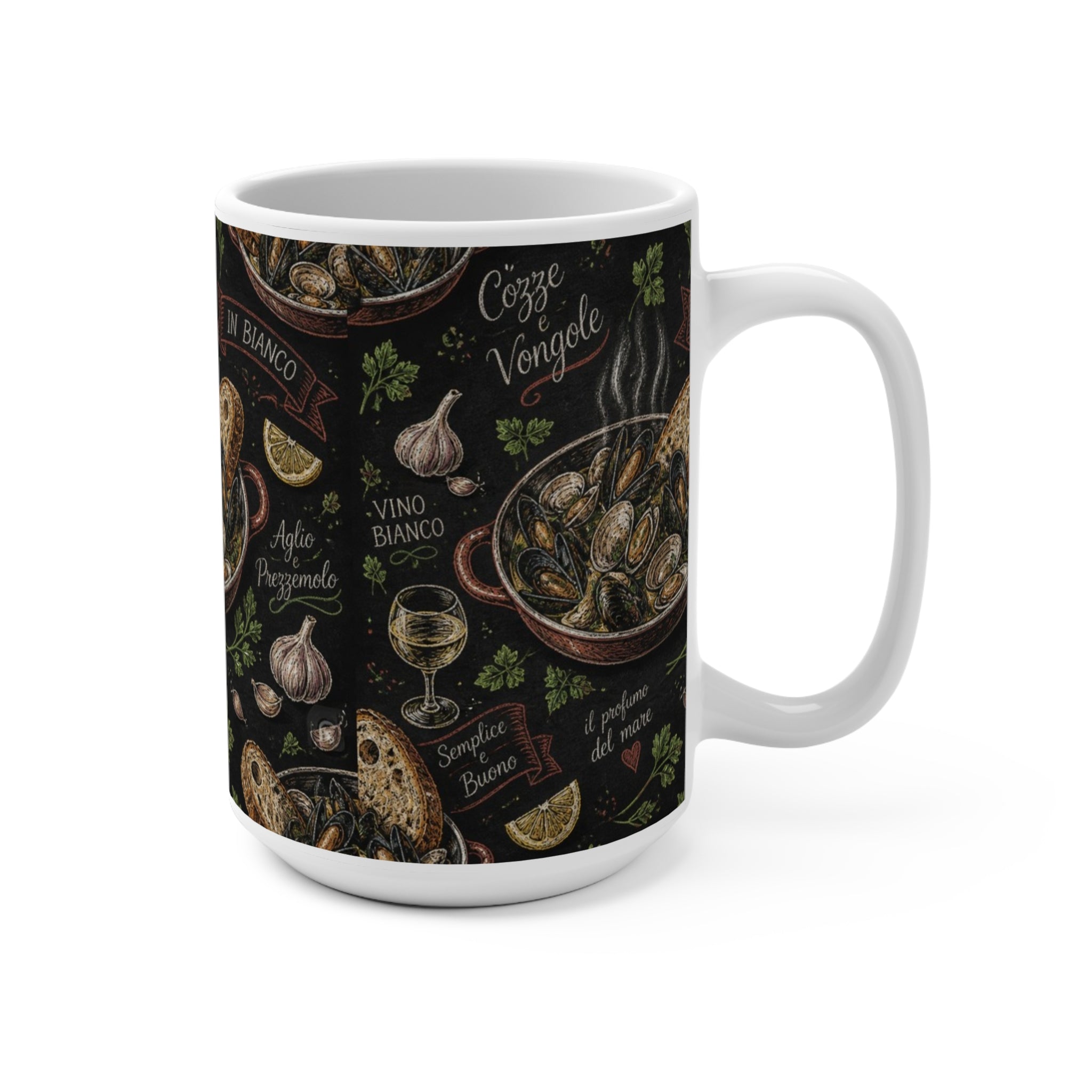 Mussels & Clams 15oz Ceramic Mug Mediterranean Kitchen Chalk Art Design Italian Cottagecore Gift