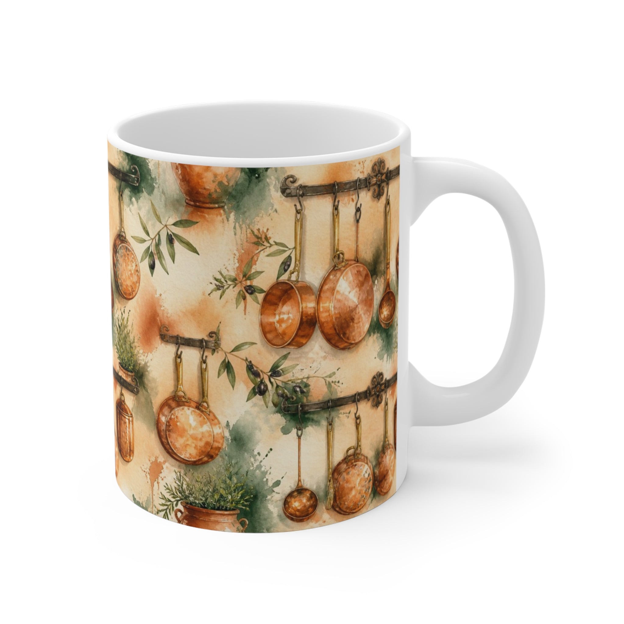Copper Cookware 11oz Ceramic Mug Mediterranean Kitchen Watercolor Splash Design Italian Cottagecore Gift