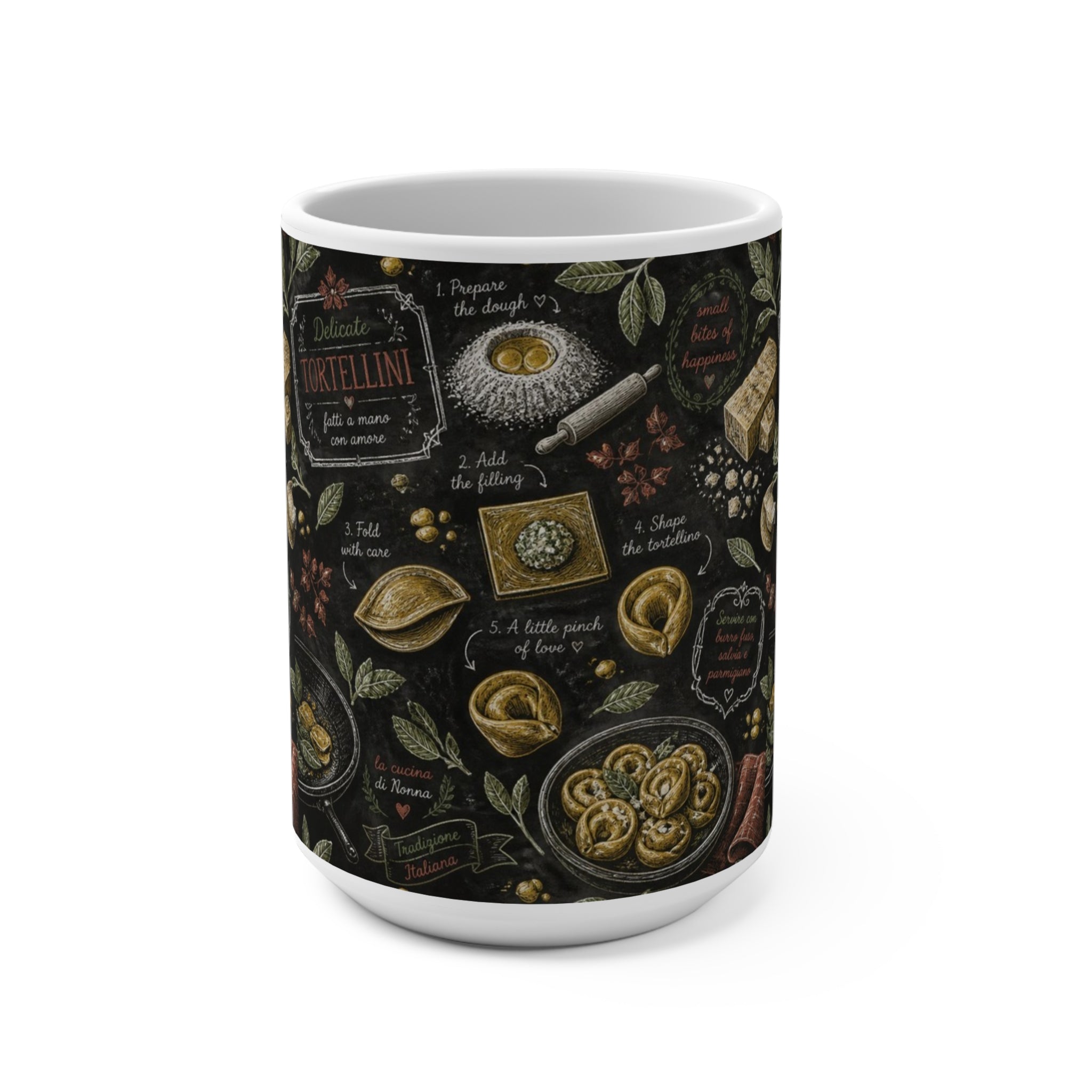 Tortellini with Sage 15oz Ceramic Mug Mediterranean Kitchen Chalk Art Design Italian Cottagecore Gift