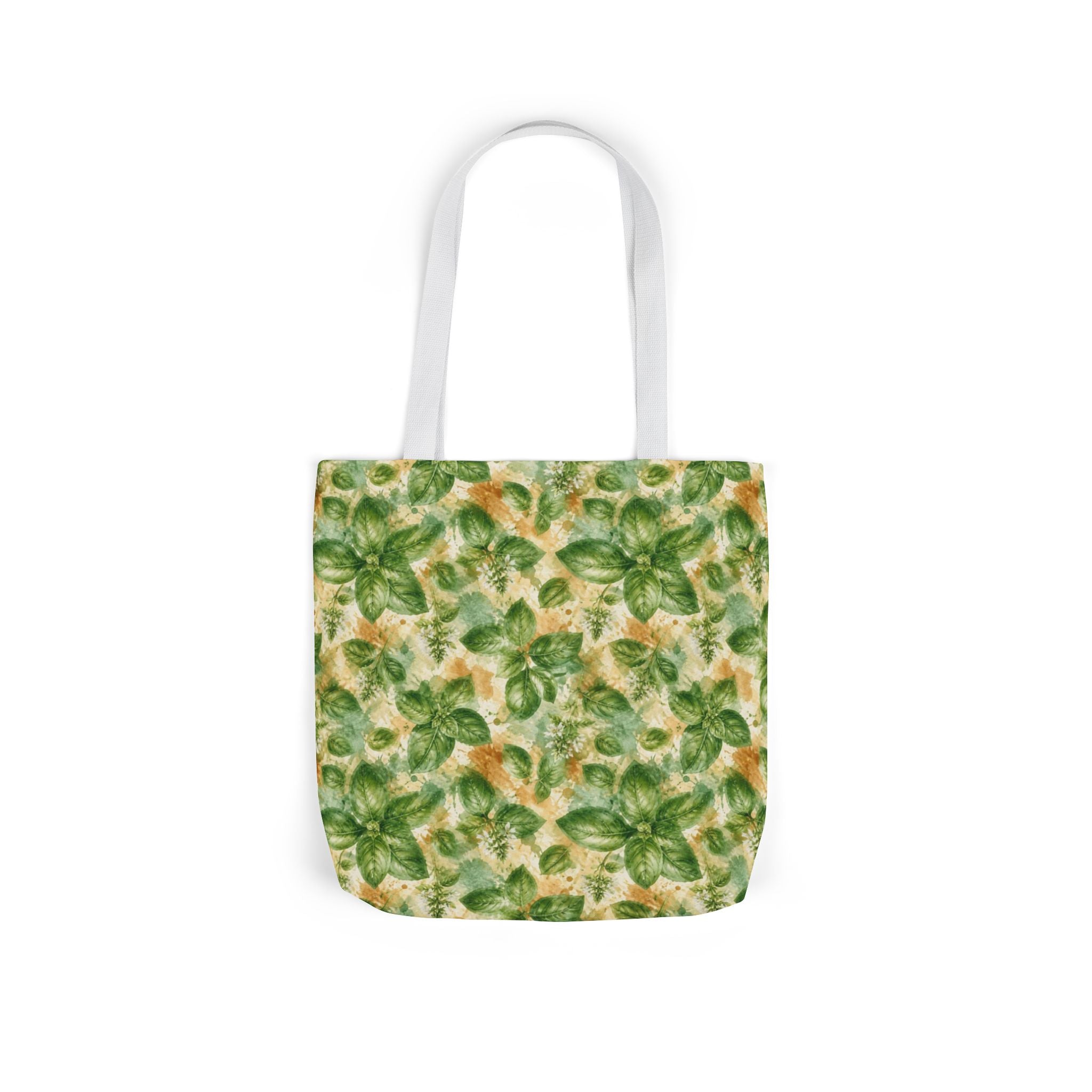 Fresh Basil Leaves Canvas Tote Bag Mediterranean Kitchen Watercolor Splash Design Italian Cottagecore Gift