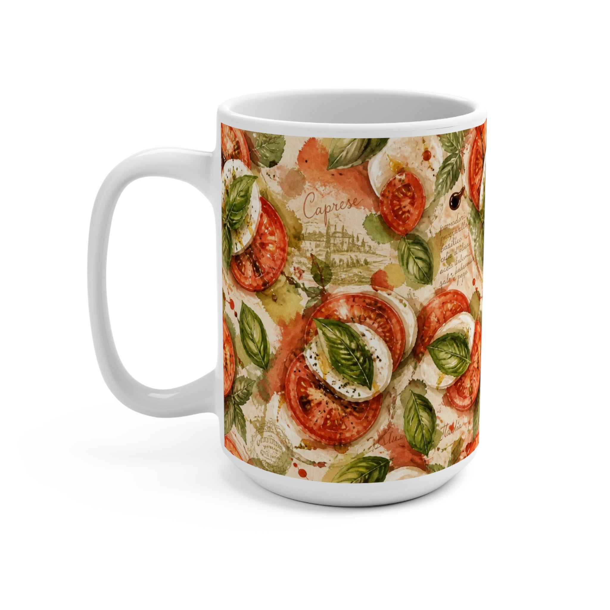Caprese Arrangement 15oz Ceramic Mug Mediterranean Kitchen Watercolor Splash Design Italian Cottagecore Gift
