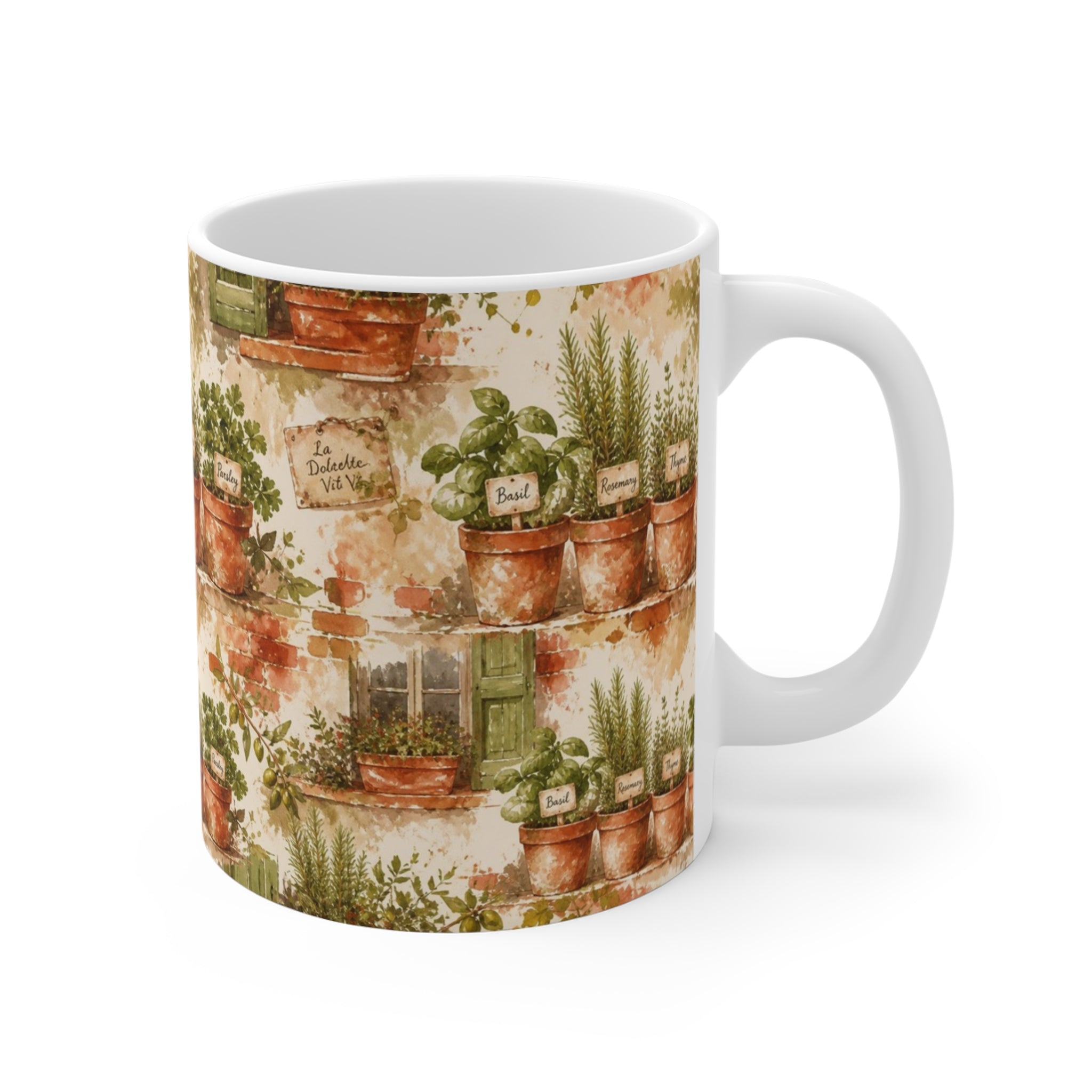 Terracotta Herb Pots 11oz Ceramic Mug Mediterranean Kitchen Watercolor Splash Design Italian Cottagecore Gift
