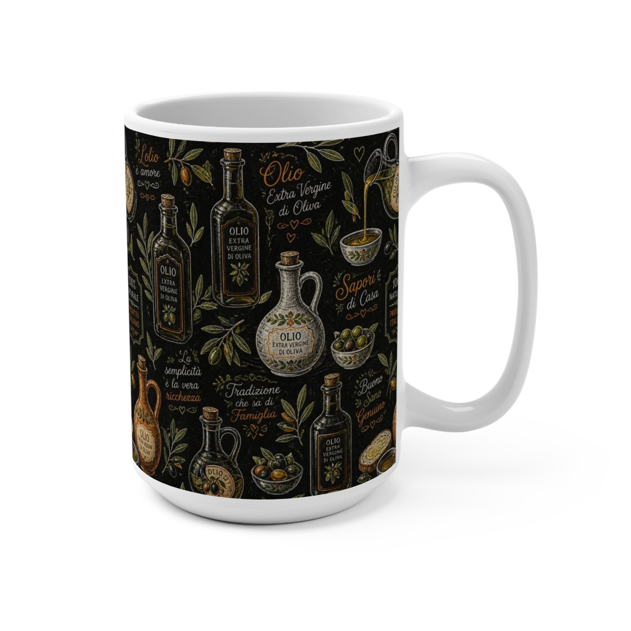 Olive Oil Bottles 15oz Ceramic Mug Mediterranean Kitchen Chalk Art Design Italian Cottagecore Gift