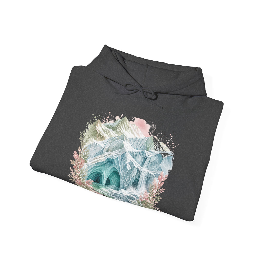 Matching Couple Sweatshirt - Volcano & Glacier Matching Couple Hooded Sweatshirt Watercolor Art His Hers Engagement Gift - Design B