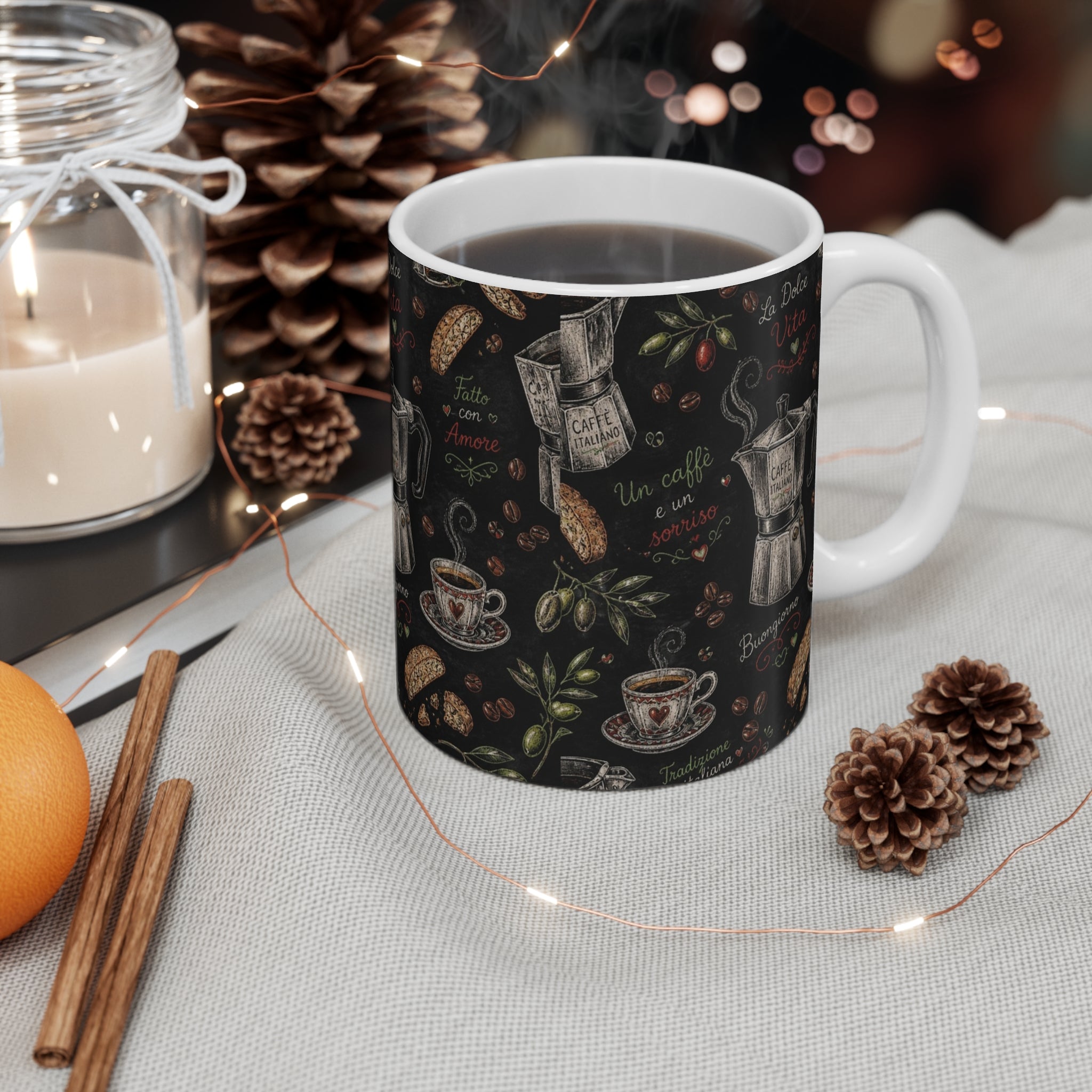 Espresso Moka Pot 11oz Ceramic Mug Mediterranean Kitchen Chalk Art Design Italian Cottagecore Gift