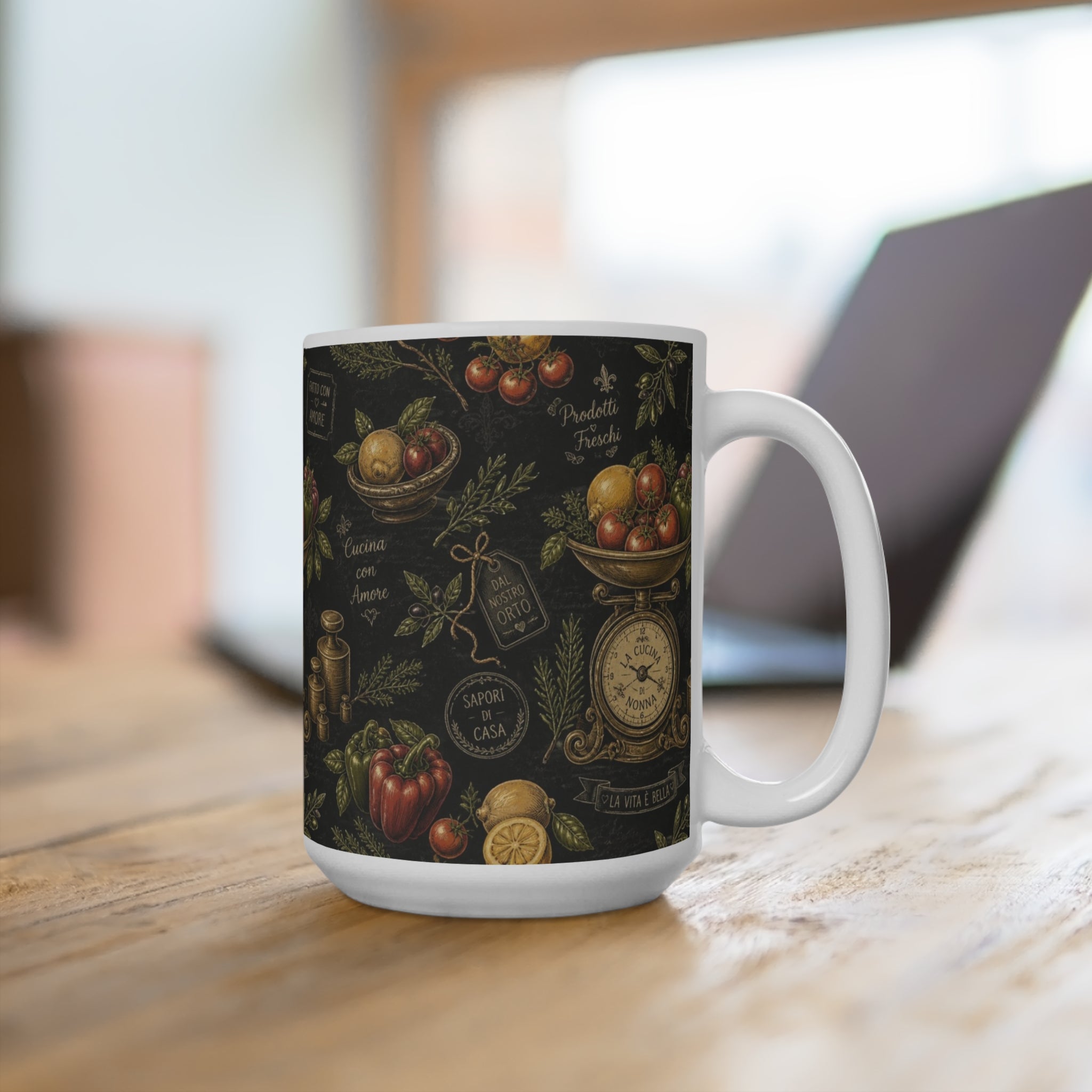 Vintage Kitchen Scale 15oz Ceramic Mug Mediterranean Kitchen Chalk Art Design Italian Cottagecore Gift