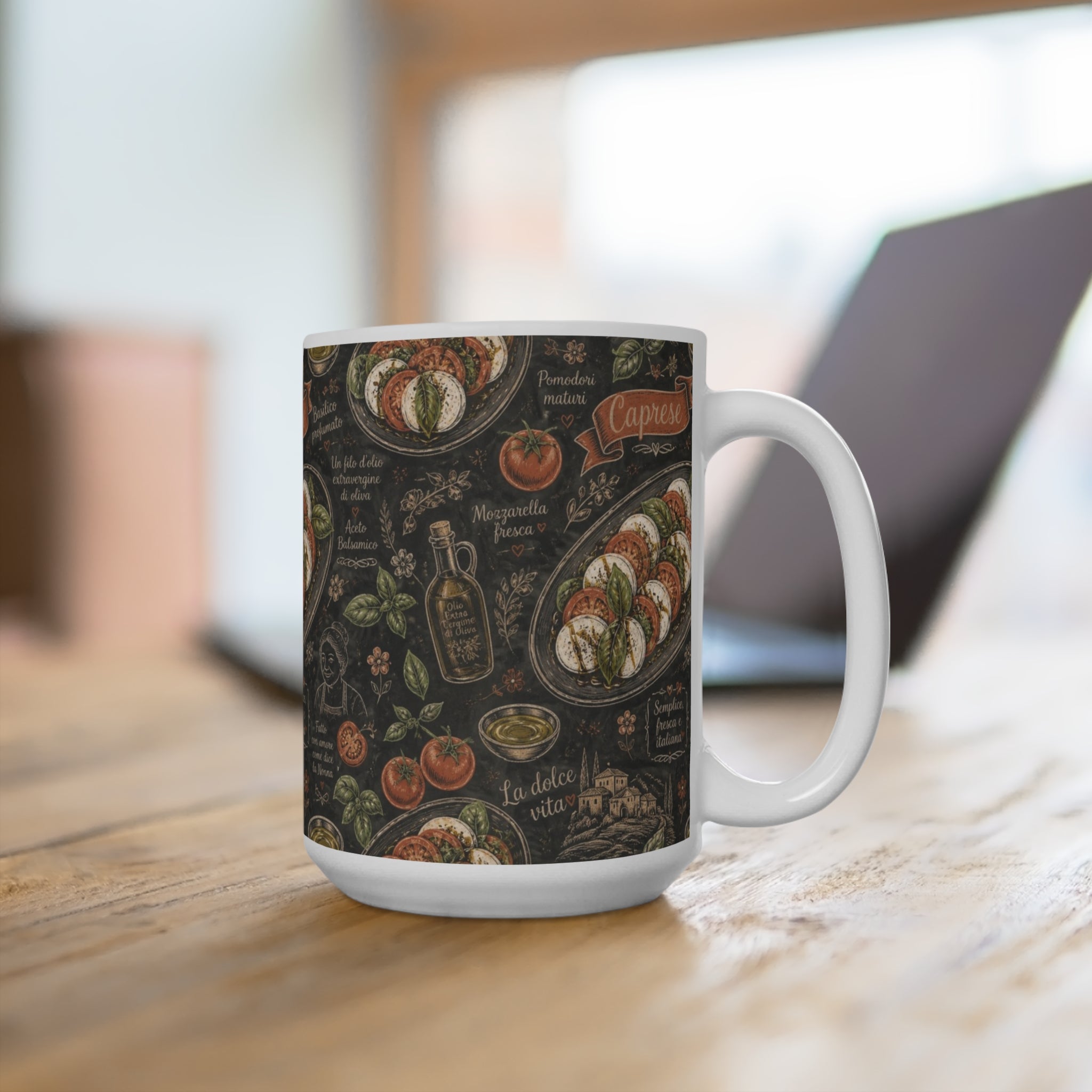 Caprese Arrangement 15oz Ceramic Mug Mediterranean Kitchen Chalk Art Design Italian Cottagecore Gift