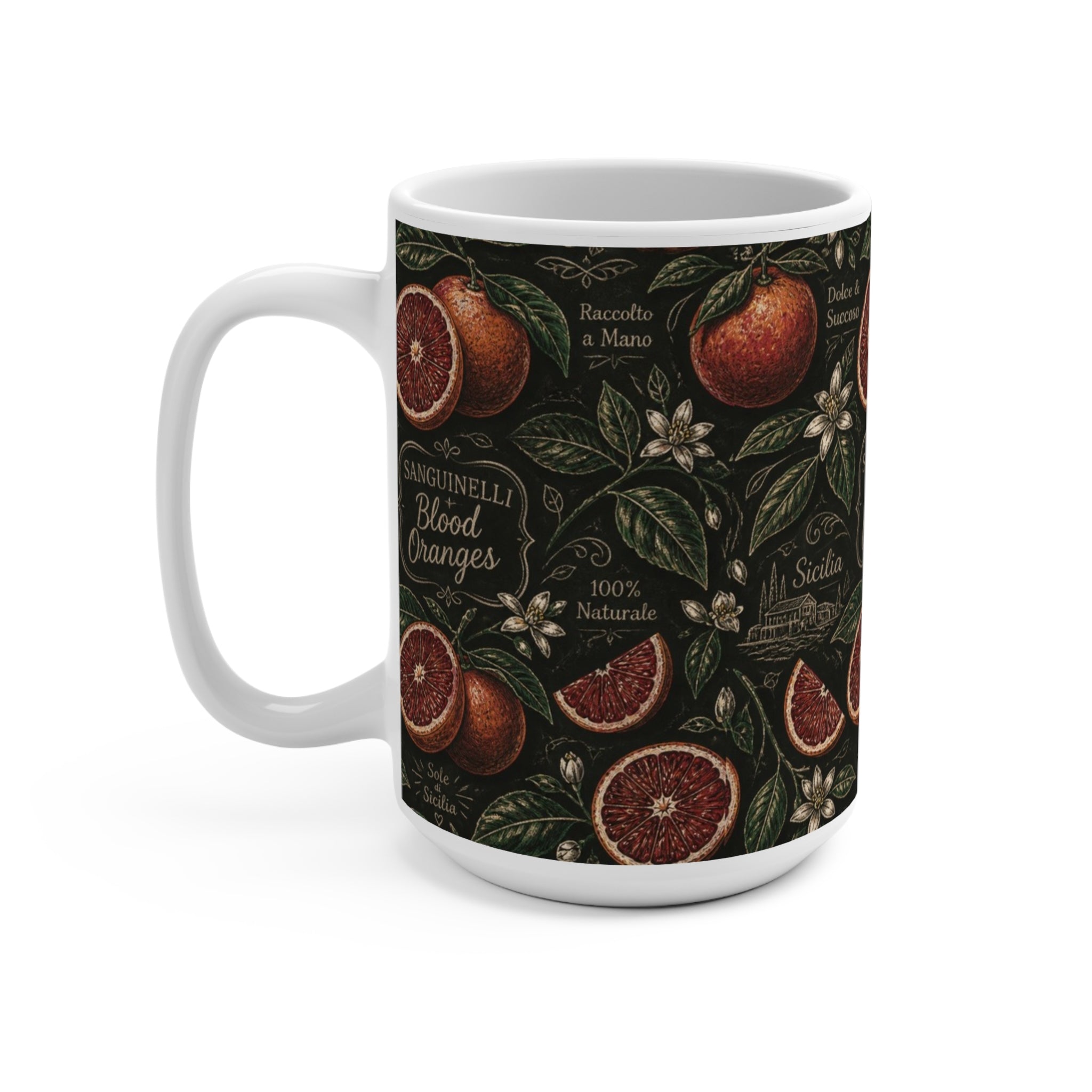 Blood Oranges 15oz Ceramic Mug Mediterranean Kitchen Chalk Art Design Italian Cottagecore Gift
