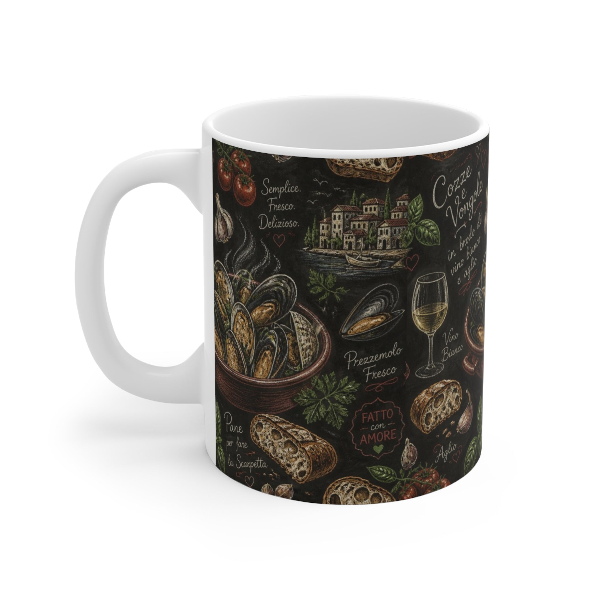 Mussels & Clams 11oz Ceramic Mug Mediterranean Kitchen Chalk Art Design Italian Cottagecore Gift