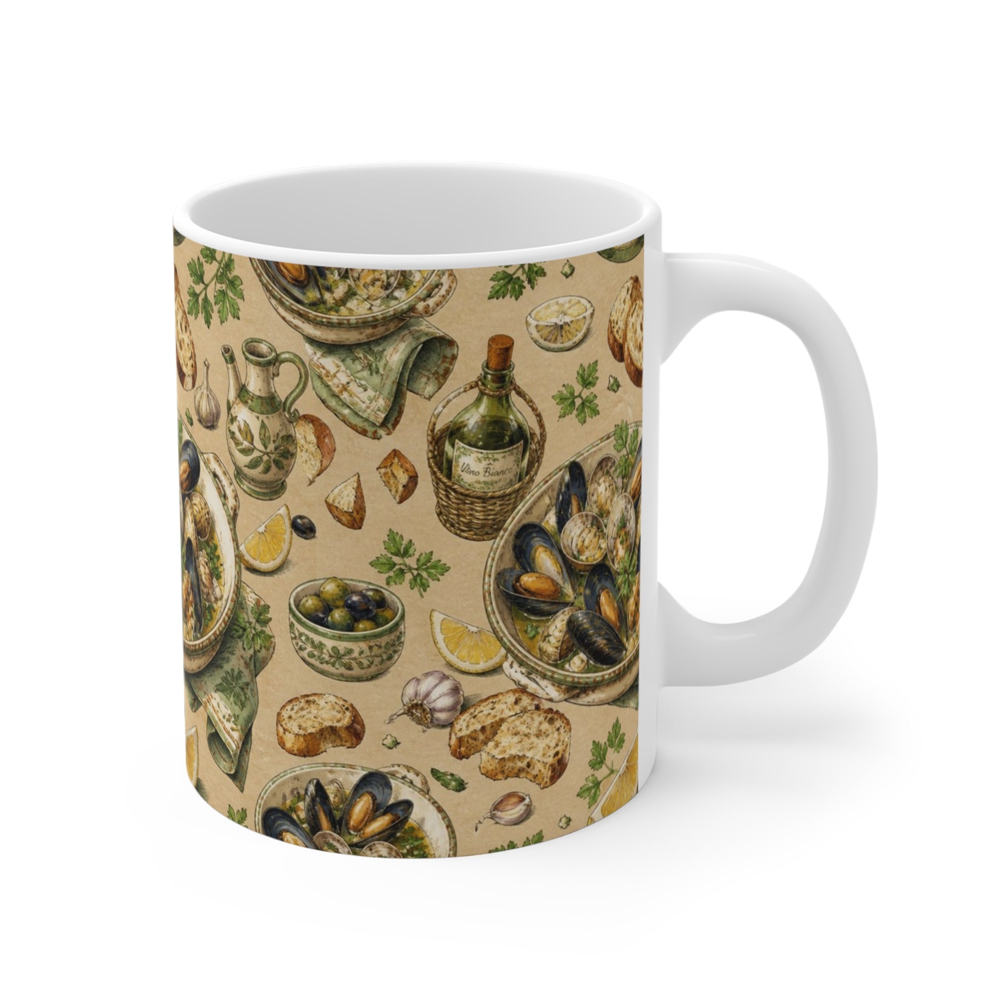 Mussels & Clams 11oz Ceramic Mug Mediterranean Kitchen Watercolor Design Italian Cottagecore Gift