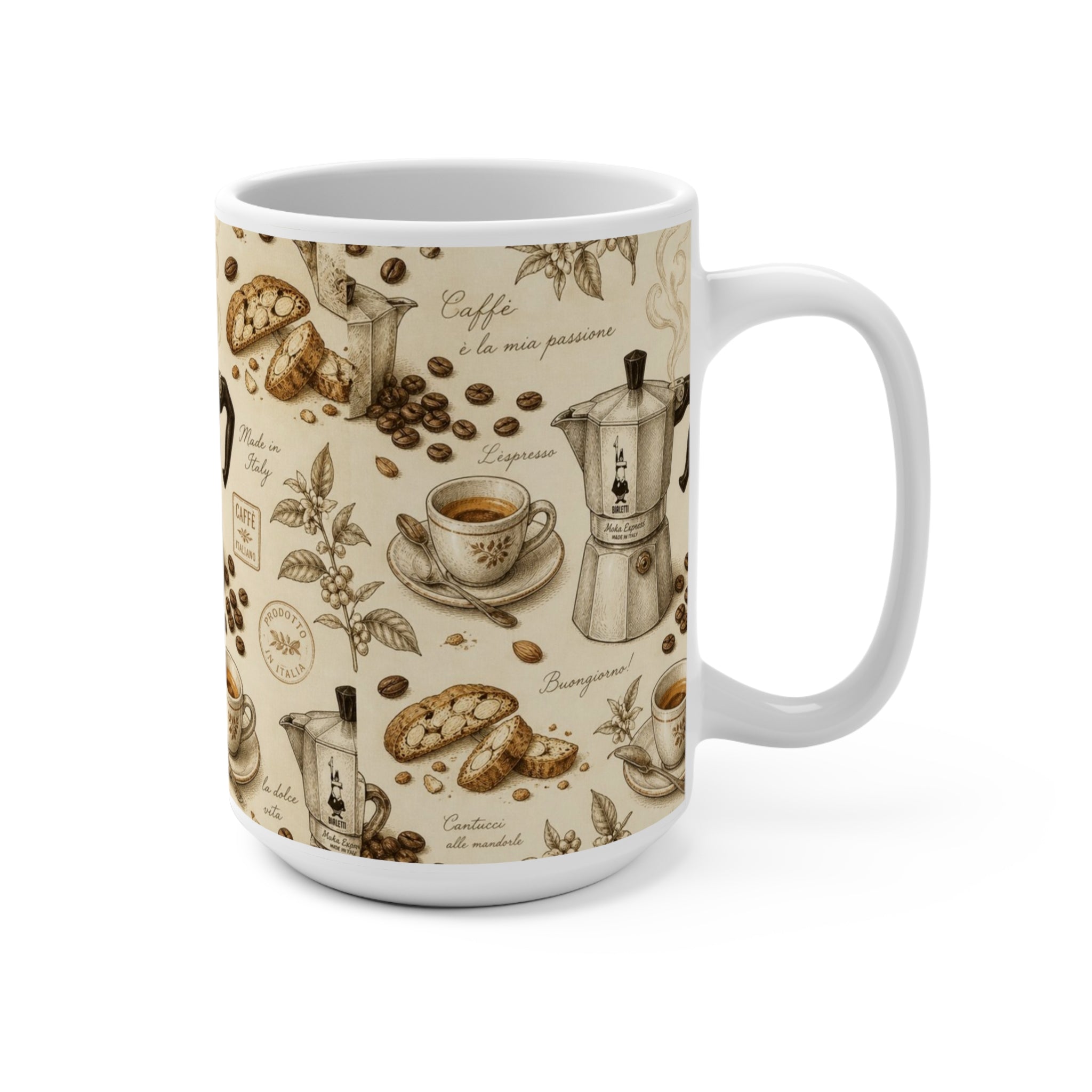 Espresso Moka Pot 15oz Ceramic Mug Mediterranean Kitchen Botanical Design Italian Cottagecore Gift