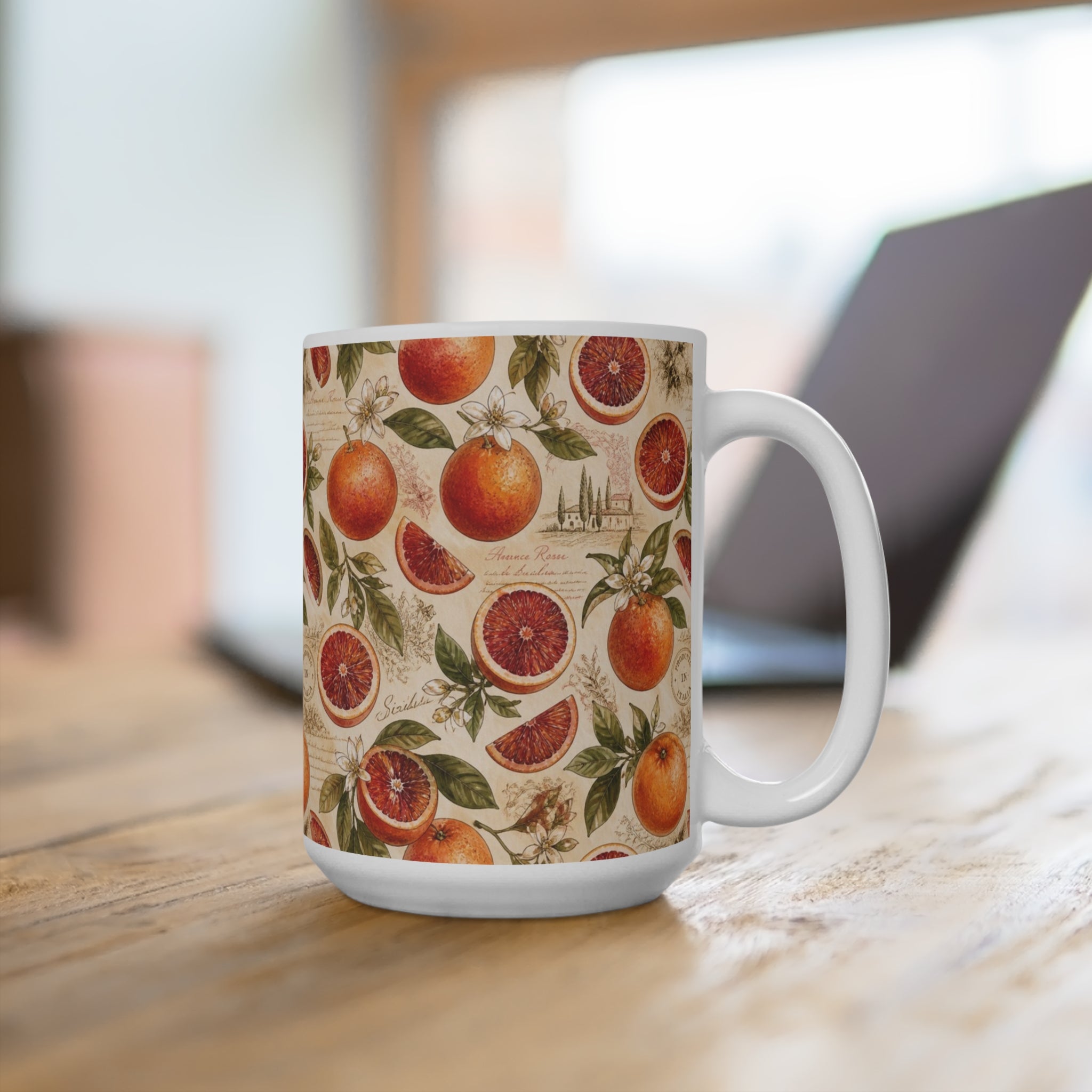 Blood Oranges 15oz Ceramic Mug Mediterranean Kitchen Watercolor Design Italian Cottagecore Gift
