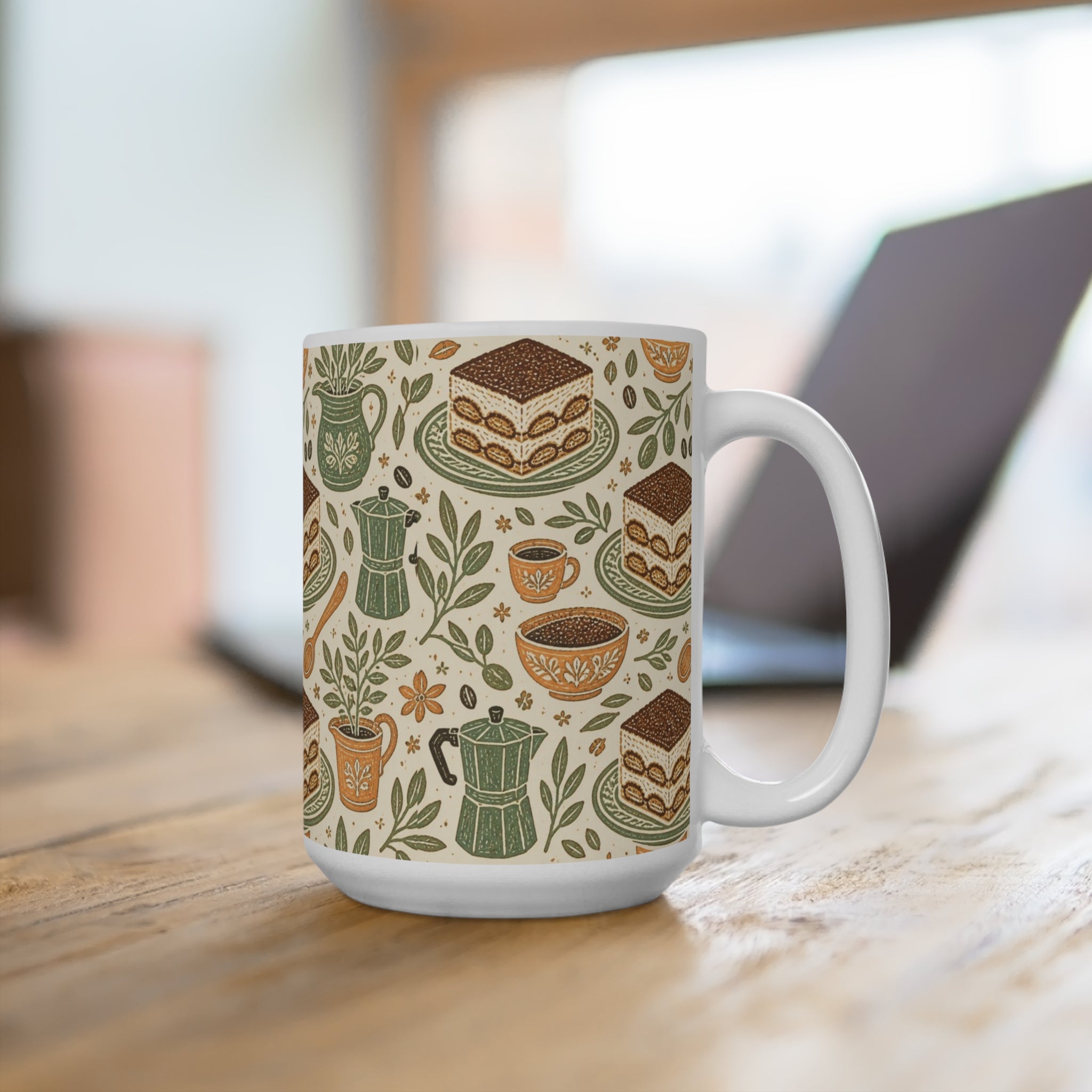 Tiramisu Layers 15oz Ceramic Mug Mediterranean Kitchen Linocut Design Italian Cottagecore Gift