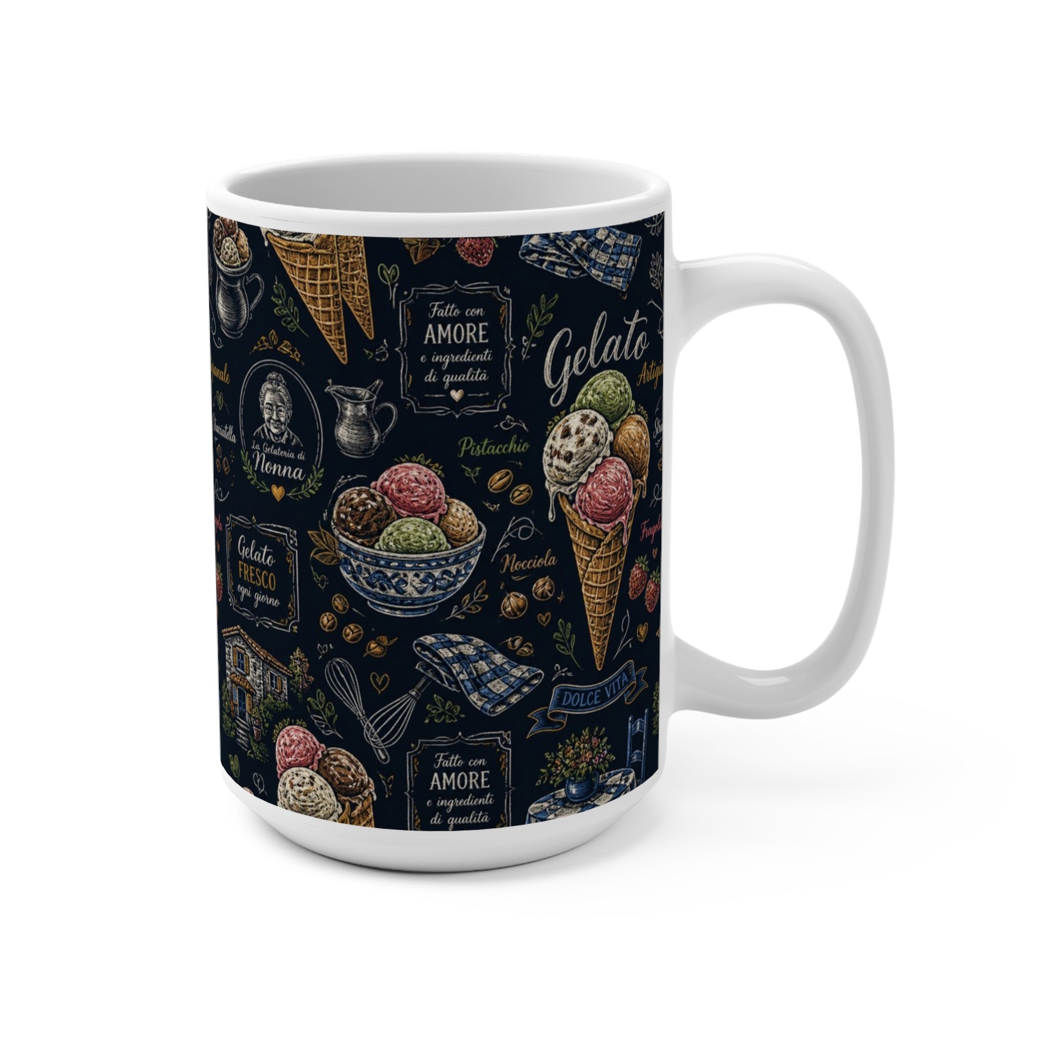Gelato Scoops 15oz Ceramic Mug Mediterranean Kitchen Chalk Art Design Italian Cottagecore Gift