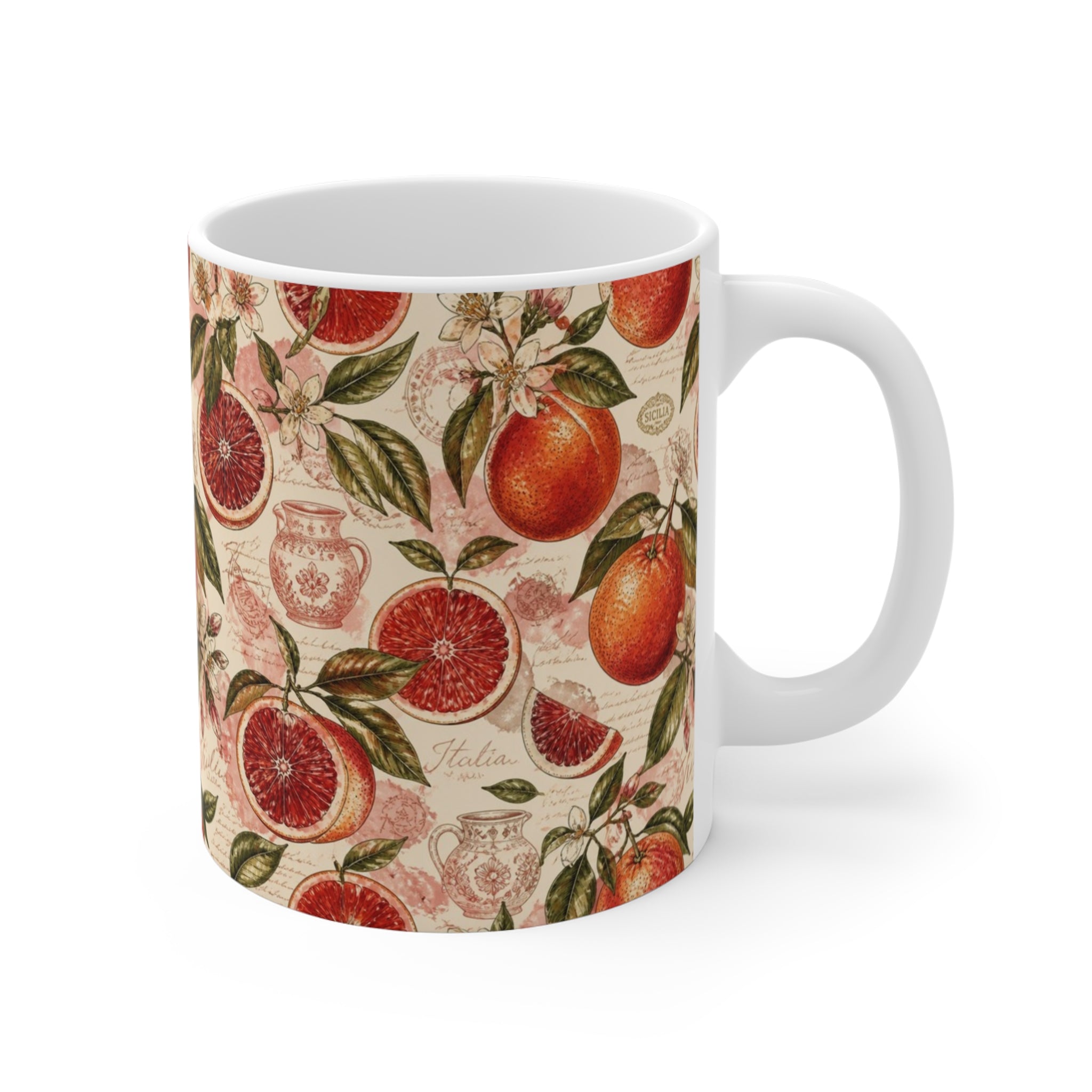 Blood Oranges 11oz Ceramic Mug Mediterranean Kitchen Watercolor Design Italian Cottagecore Gift