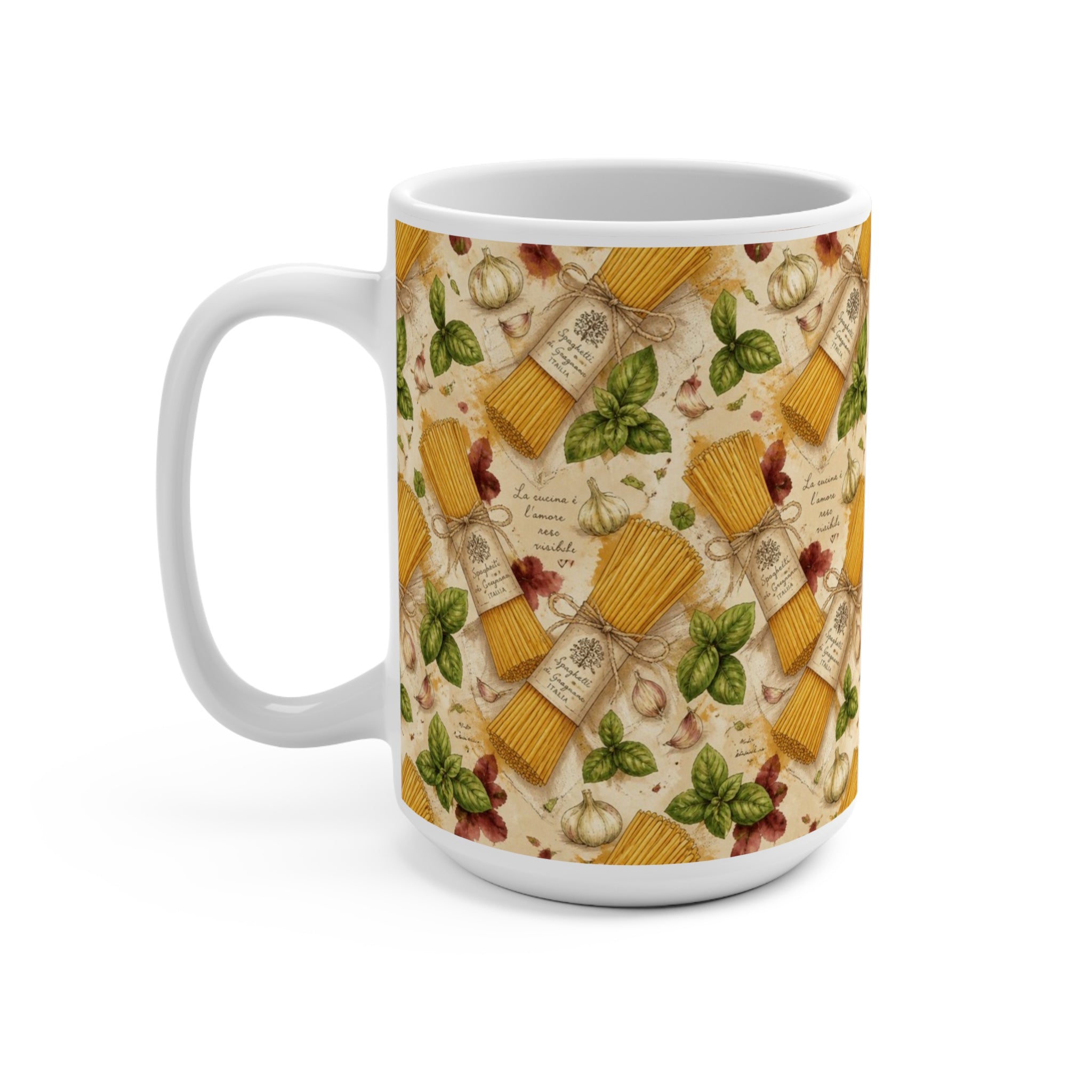 Spaghetti Bundle 15oz Ceramic Mug Mediterranean Kitchen Watercolor Design Italian Cottagecore Gift