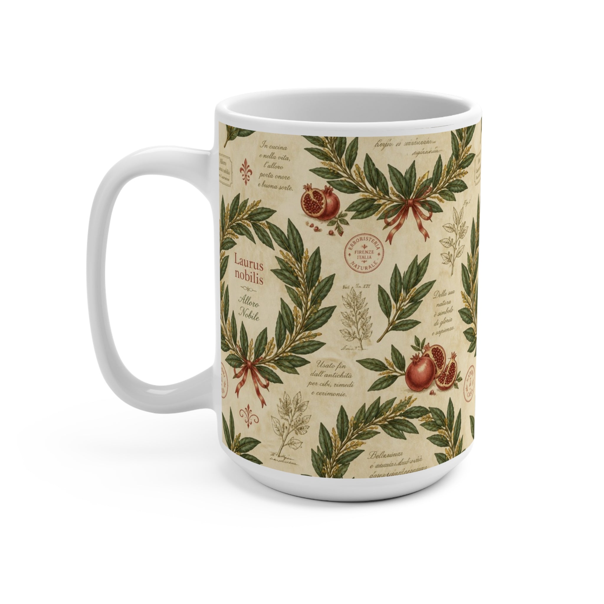 Bay Laurel Wreath 15oz Ceramic Mug Mediterranean Kitchen Botanical Design Italian Cottagecore Gift
