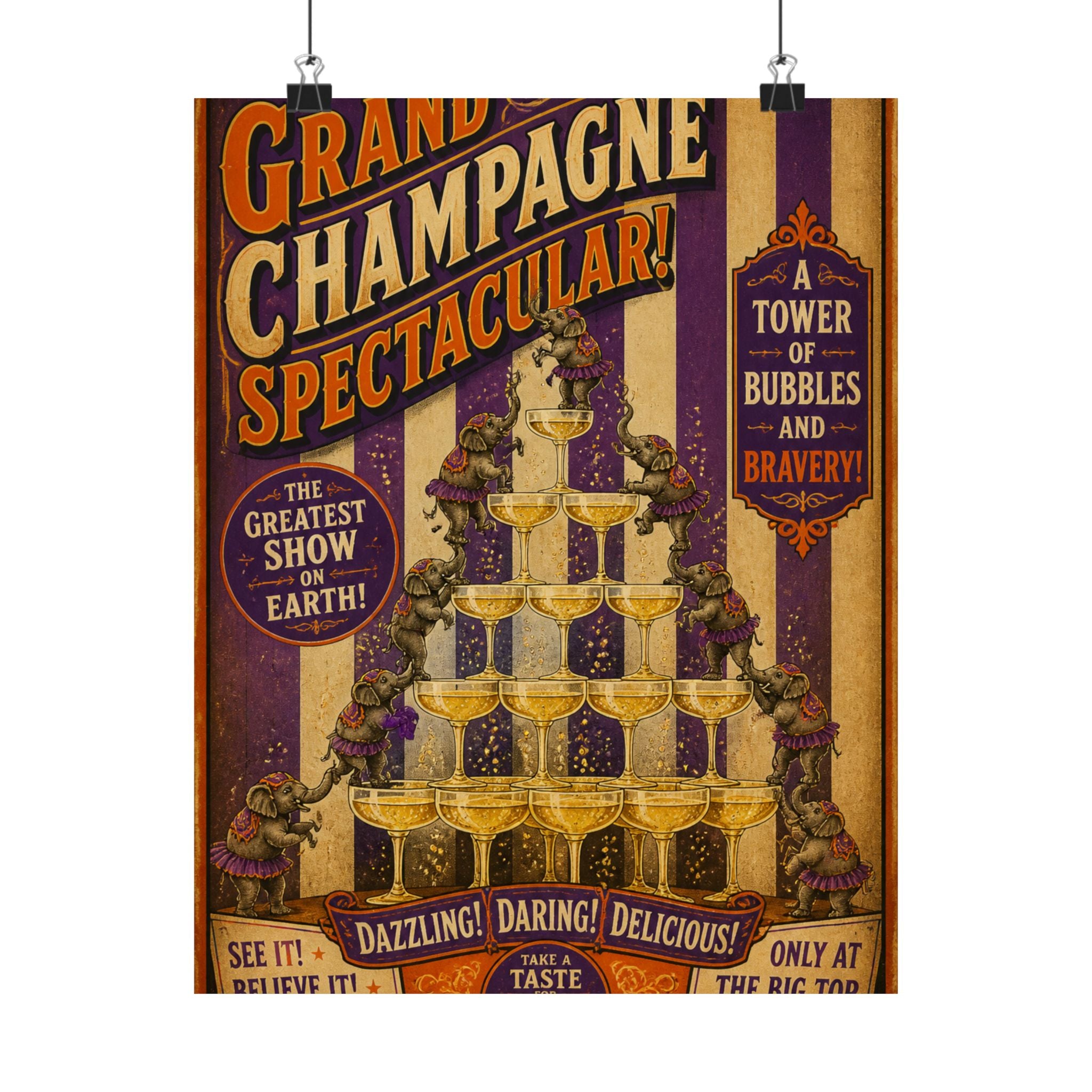 Champagne Tower Elephants Wall Art Poster 24×36 Vintage Circus Bedroom Decor Maximalist Print