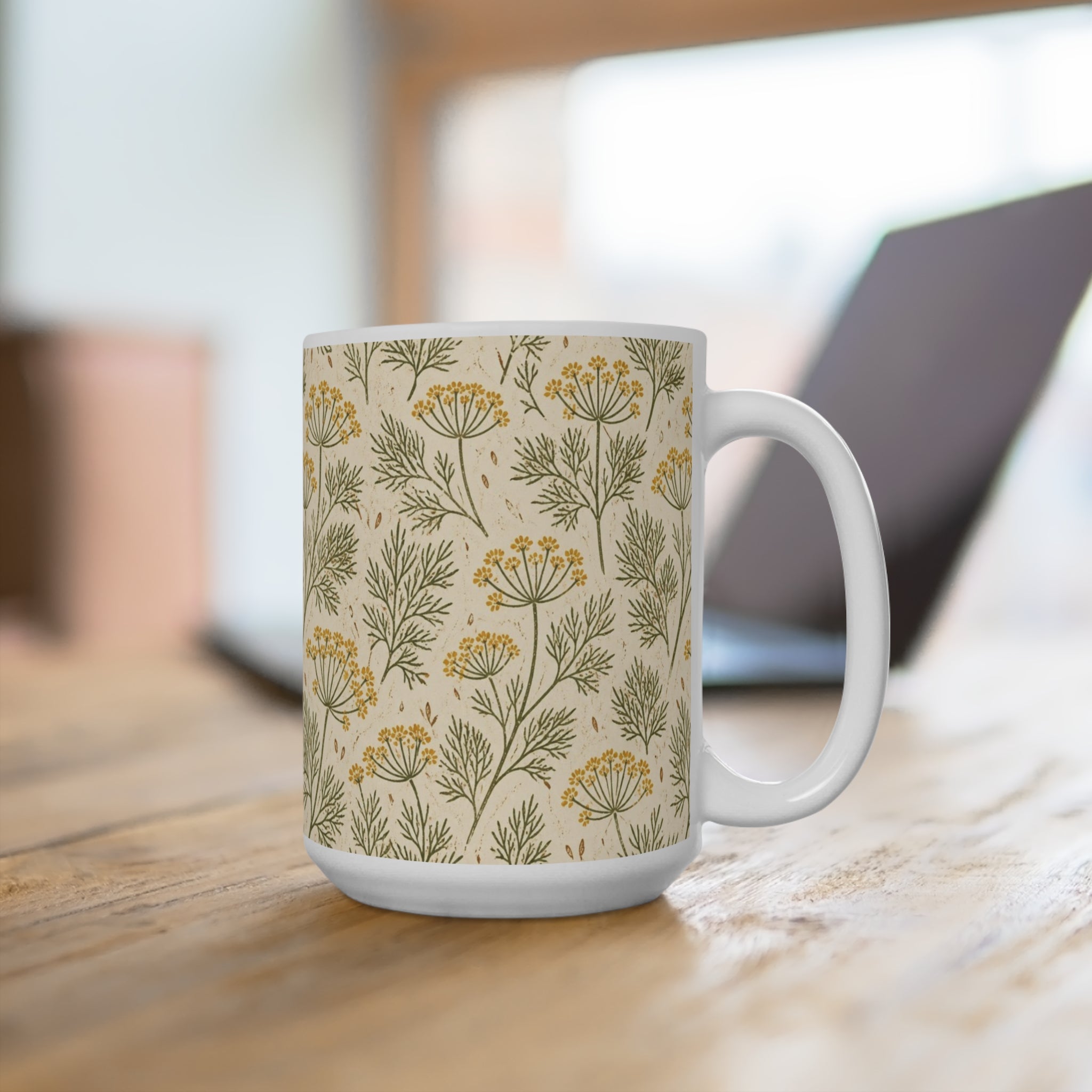 Dill Fronds 15oz Ceramic Mug Mediterranean Kitchen Linocut Design Italian Cottagecore Gift
