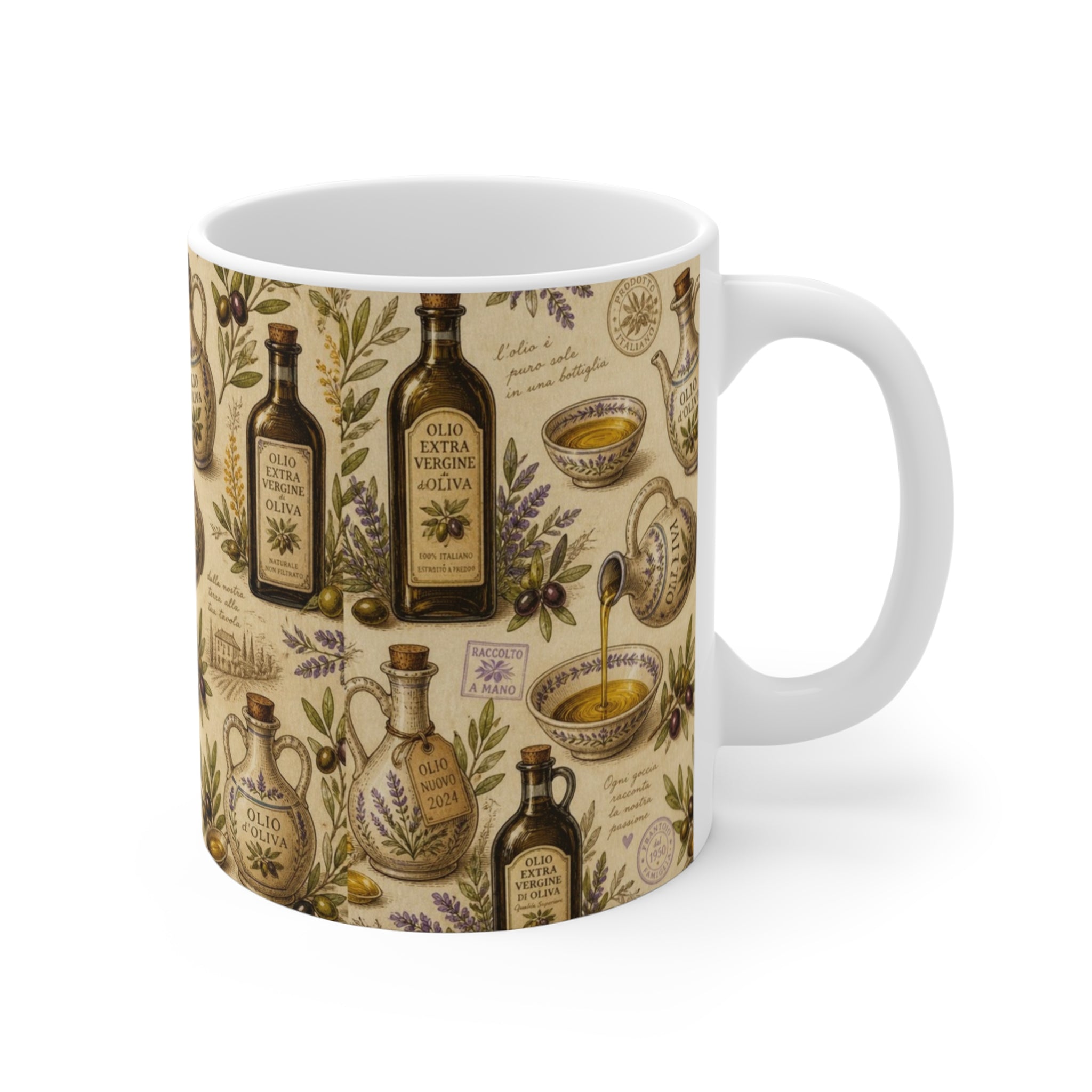 Olive Oil Bottles 11oz Ceramic Mug Mediterranean Kitchen Botanical Design Italian Cottagecore Gift