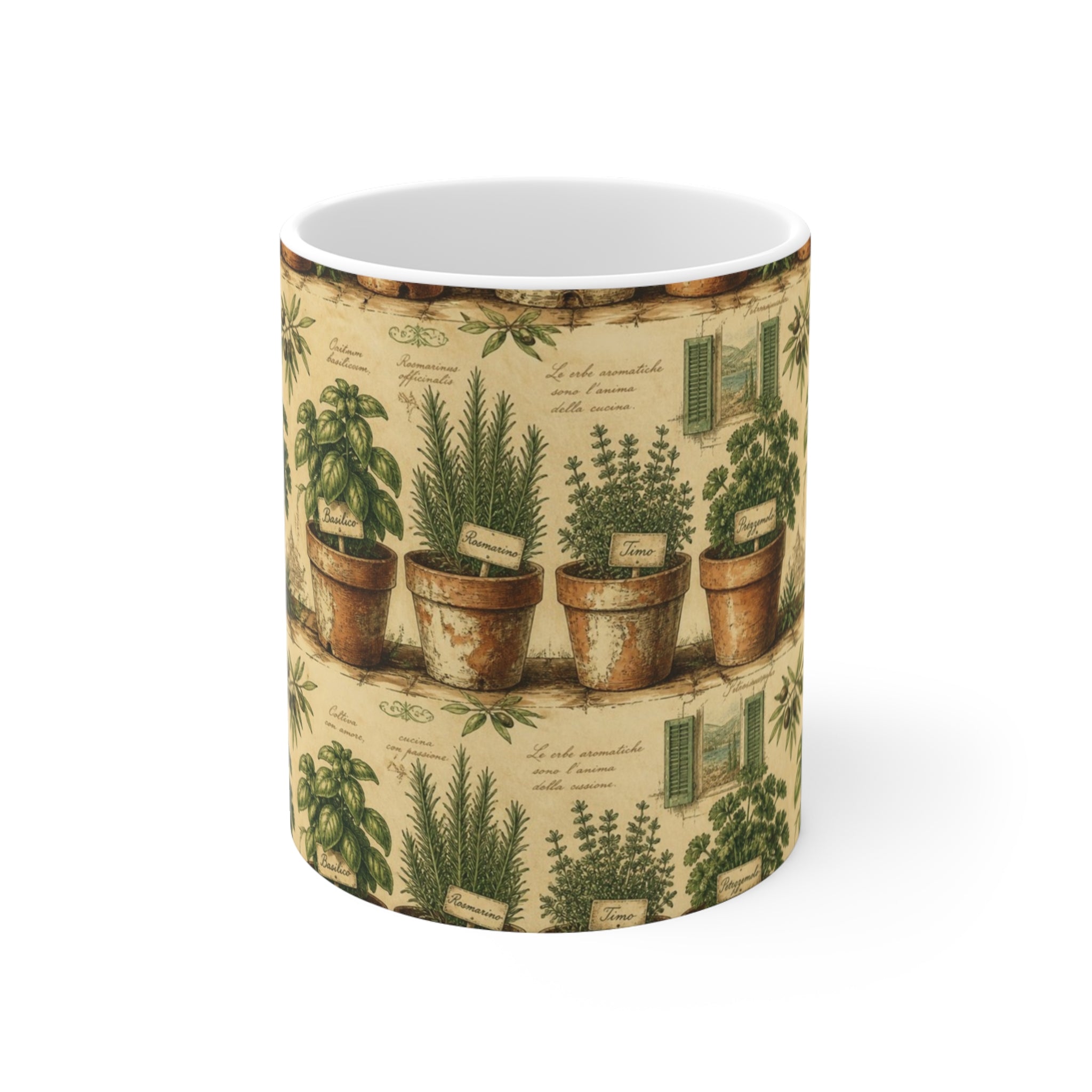 Terracotta Herb Pots 11oz Ceramic Mug Mediterranean Kitchen Botanical Design Italian Cottagecore Gift
