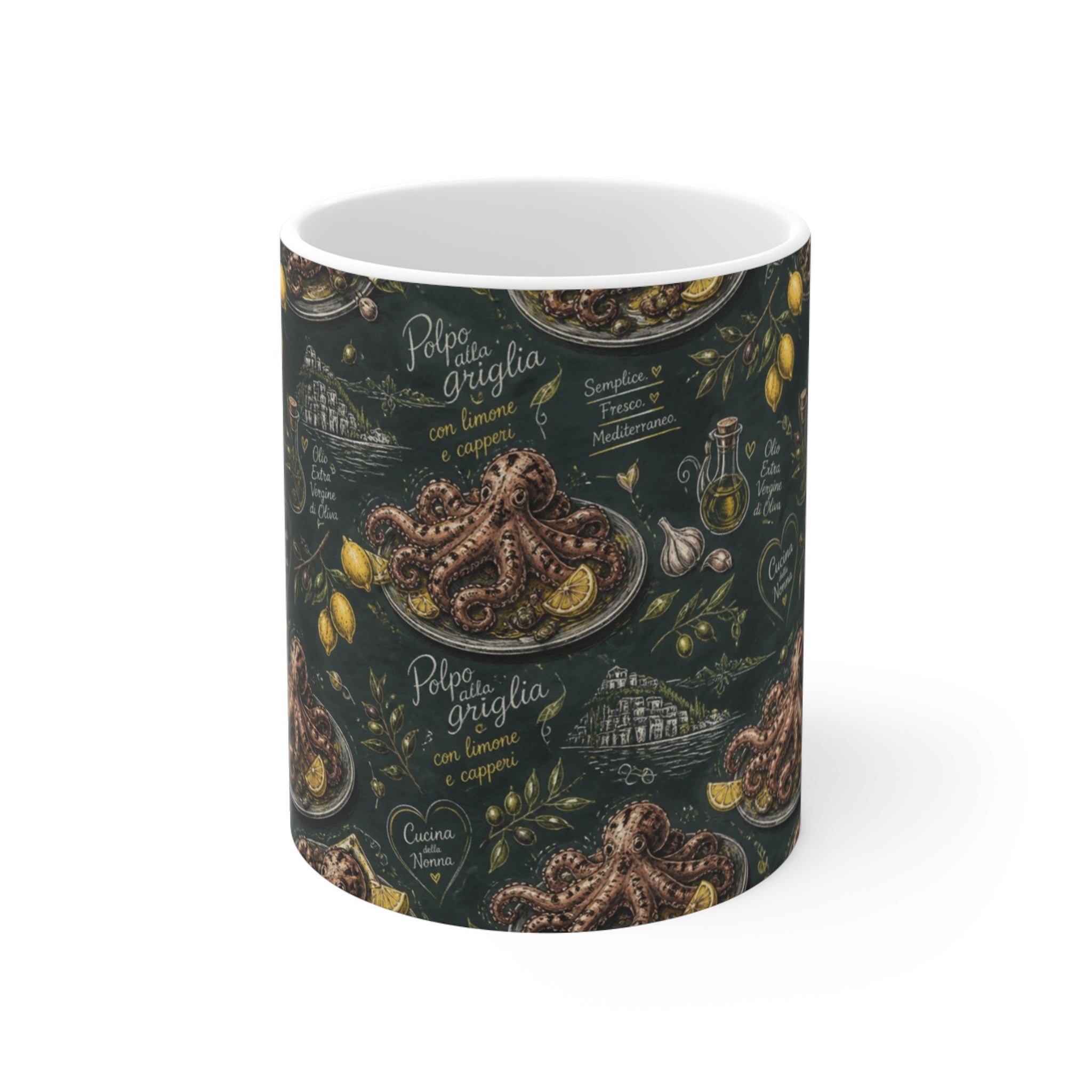 Grilled Octopus 11oz Ceramic Mug Mediterranean Kitchen Chalk Art Design Italian Cottagecore Gift