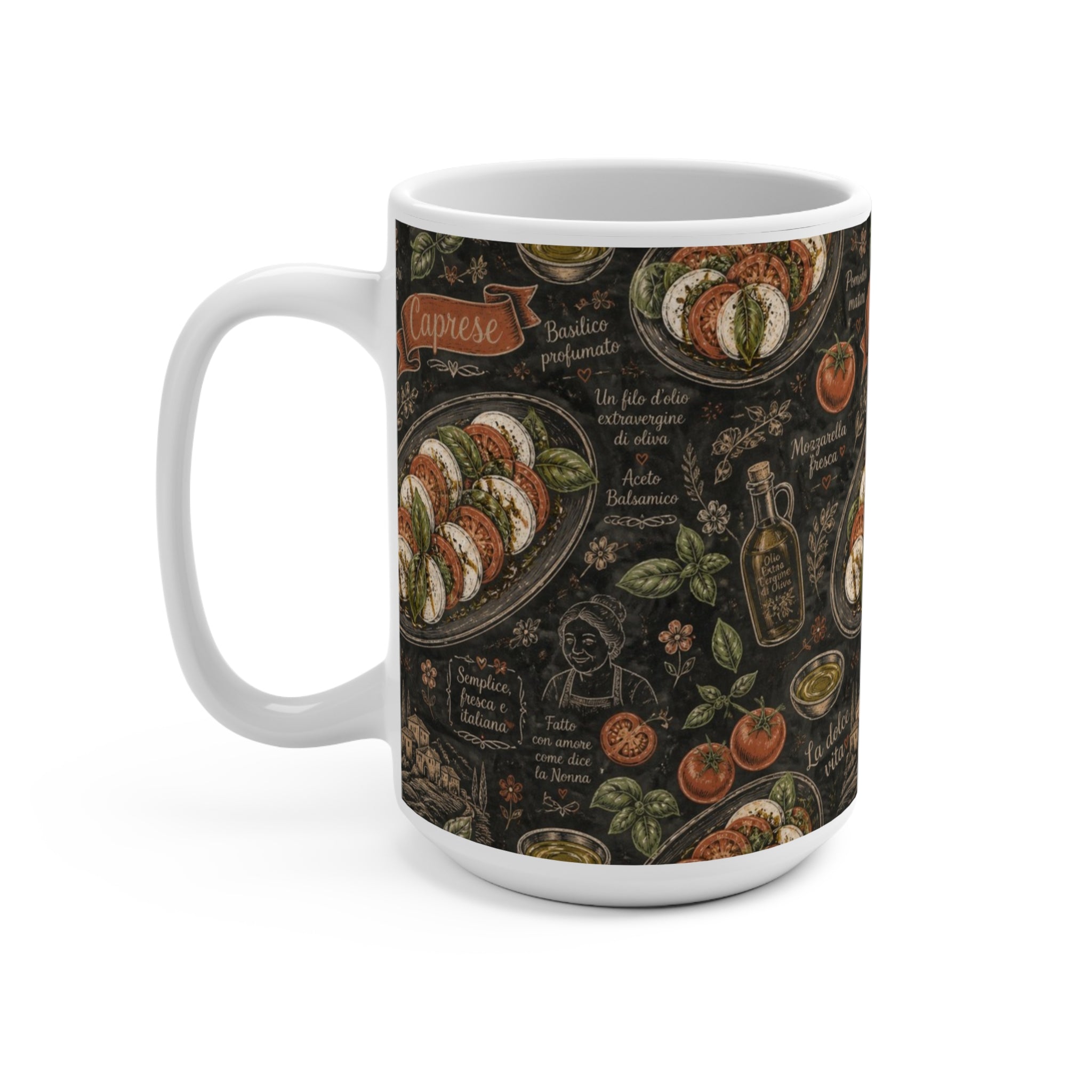 Caprese Arrangement 15oz Ceramic Mug Mediterranean Kitchen Chalk Art Design Italian Cottagecore Gift