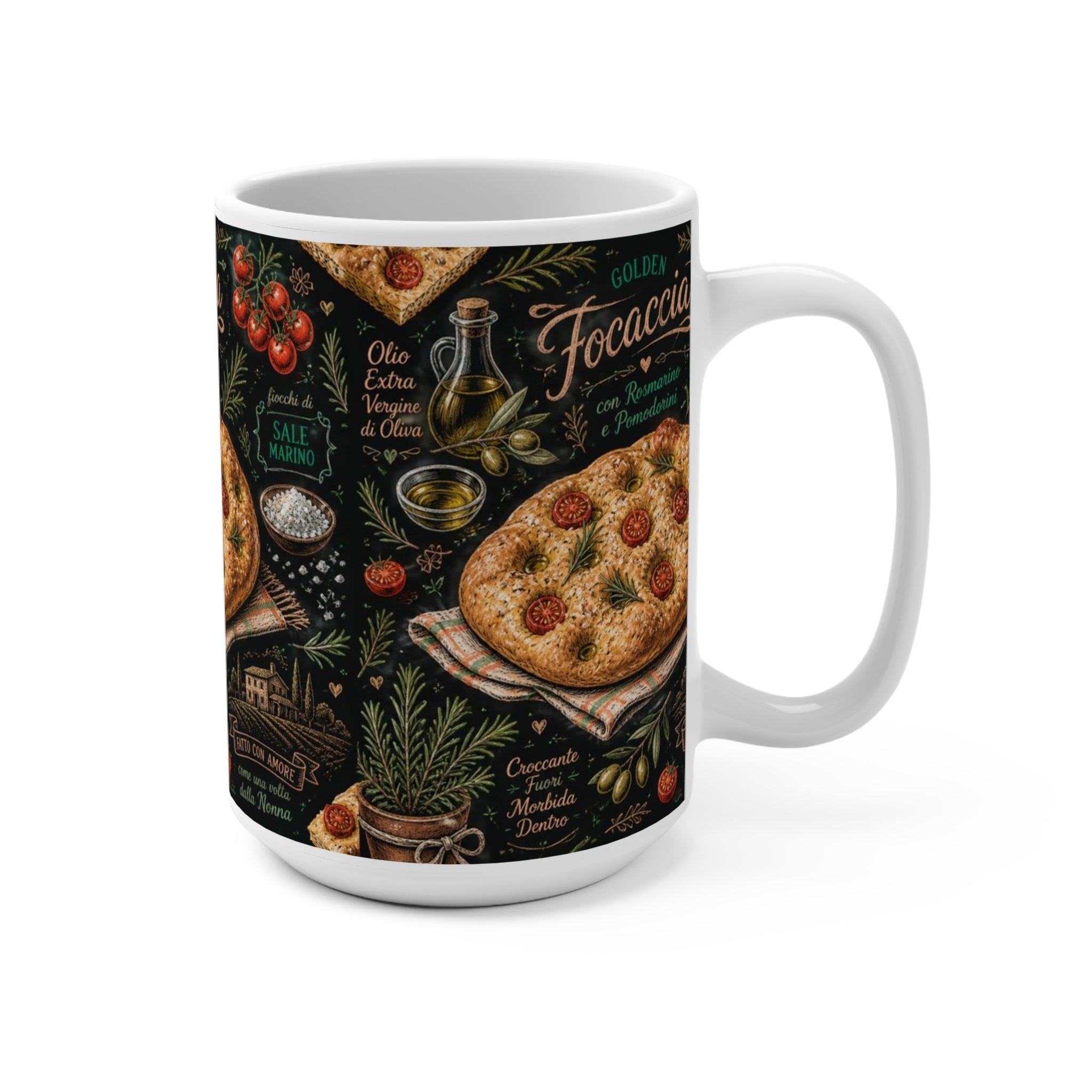Focaccia Bread 15oz Ceramic Mug Mediterranean Kitchen Chalk Art Design Italian Cottagecore Gift