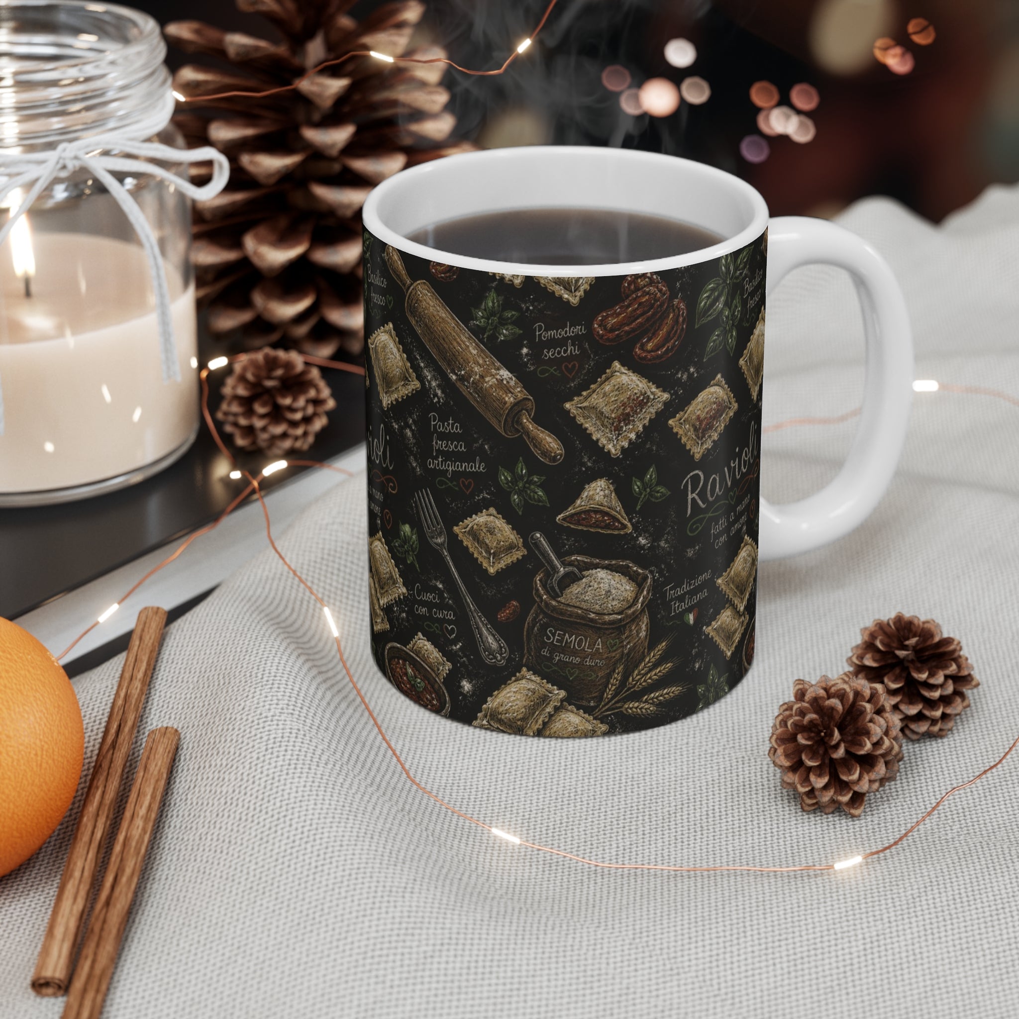 Fresh Ravioli 11oz Ceramic Mug Mediterranean Kitchen Chalk Art Design Italian Cottagecore Gift