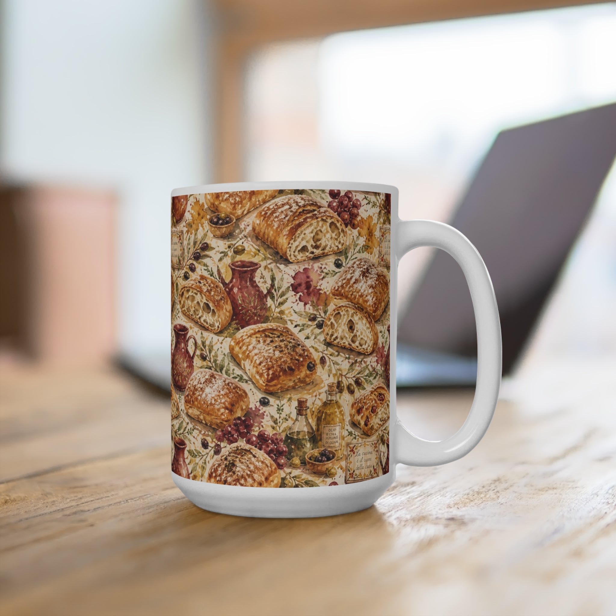 Ciabatta Rolls 15oz Ceramic Mug Mediterranean Kitchen Watercolor Splash Design Italian Cottagecore Gift
