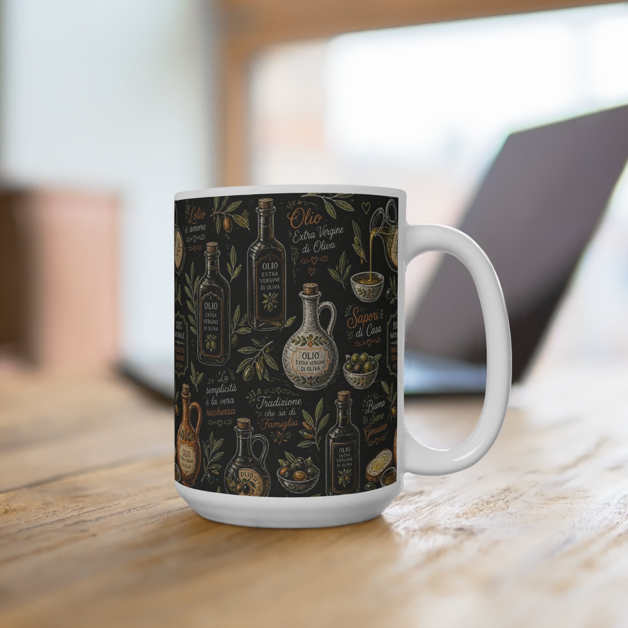 Olive Oil Bottles 15oz Ceramic Mug Mediterranean Kitchen Chalk Art Design Italian Cottagecore Gift