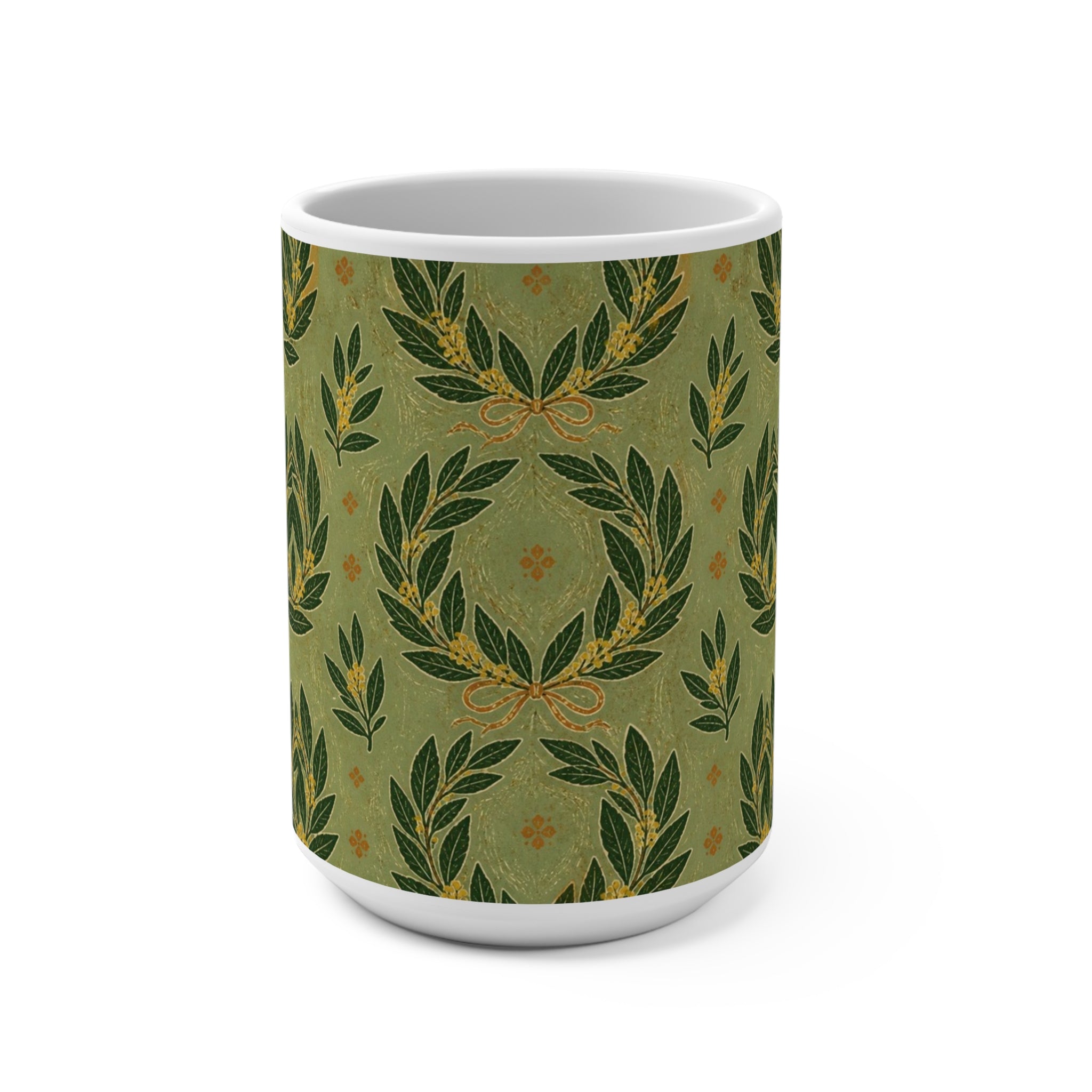 Bay Laurel Wreath 15oz Ceramic Mug Mediterranean Kitchen Linocut Design Italian Cottagecore Gift