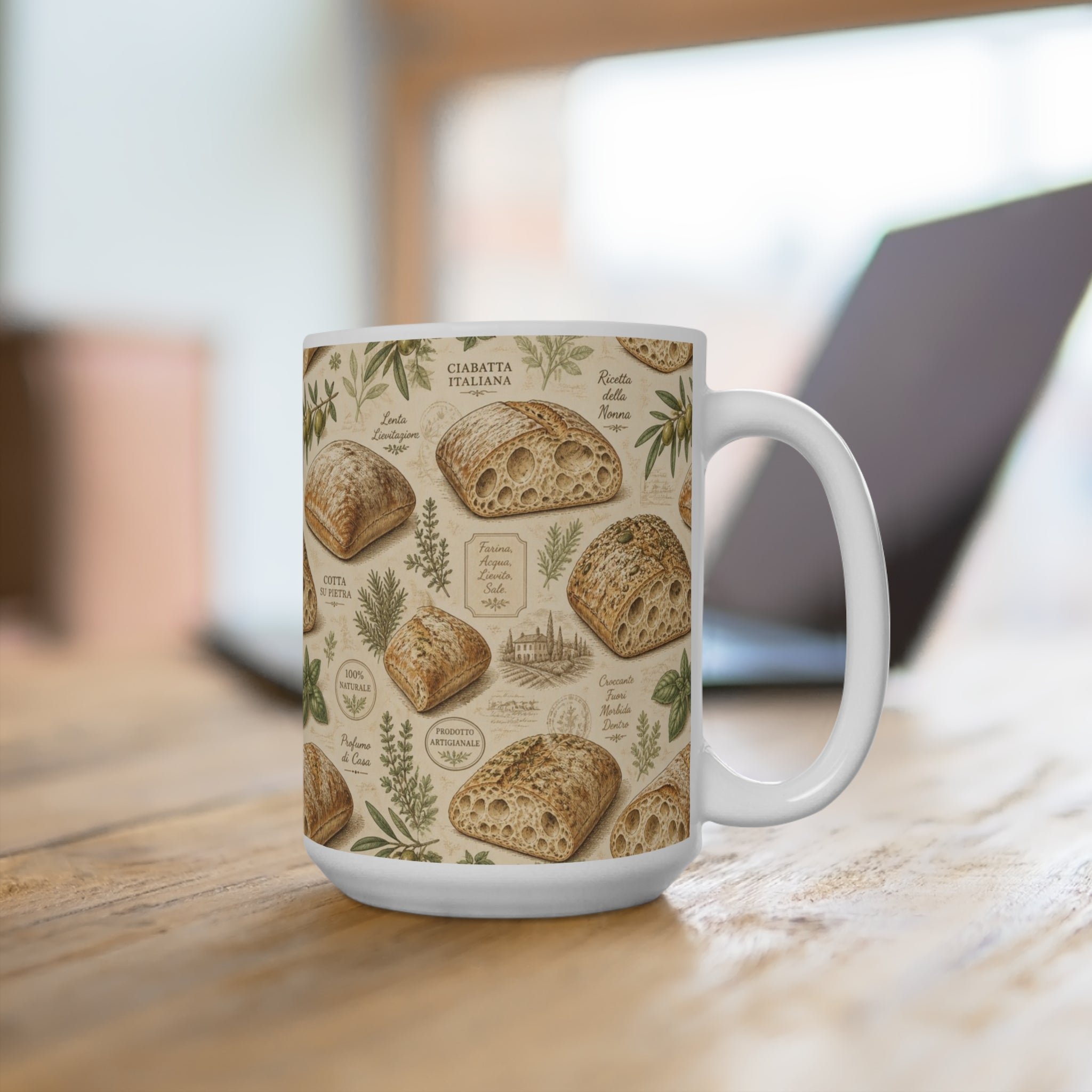 Ciabatta Rolls 15oz Ceramic Mug Mediterranean Kitchen Botanical Design Italian Cottagecore Gift