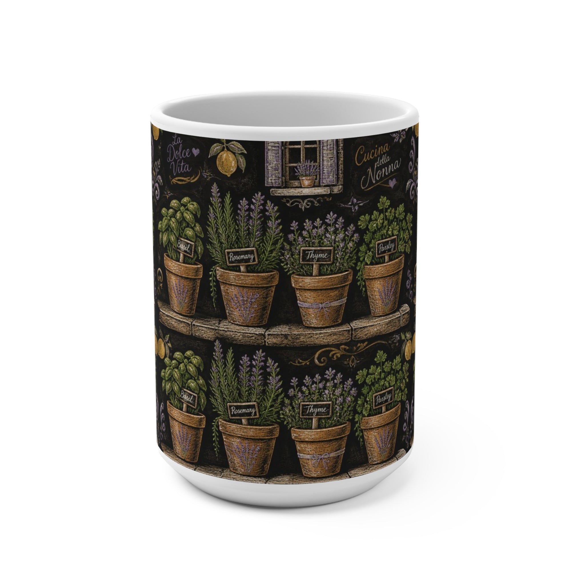 Terracotta Herb Pots 15oz Ceramic Mug Mediterranean Kitchen Chalk Art Design Italian Cottagecore Gift