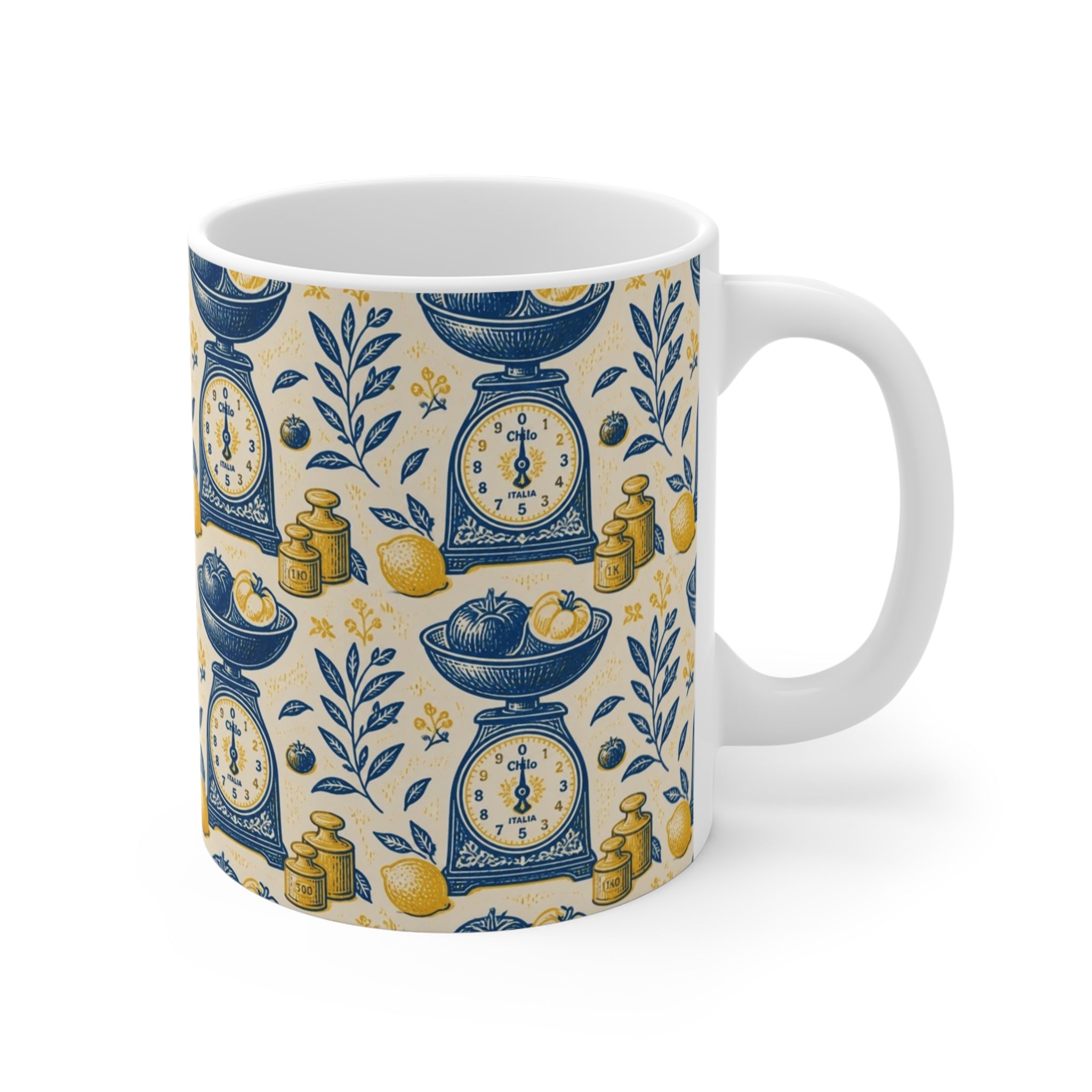Vintage Kitchen Scale 11oz Ceramic Mug Mediterranean Kitchen Linocut Design Italian Cottagecore Gift