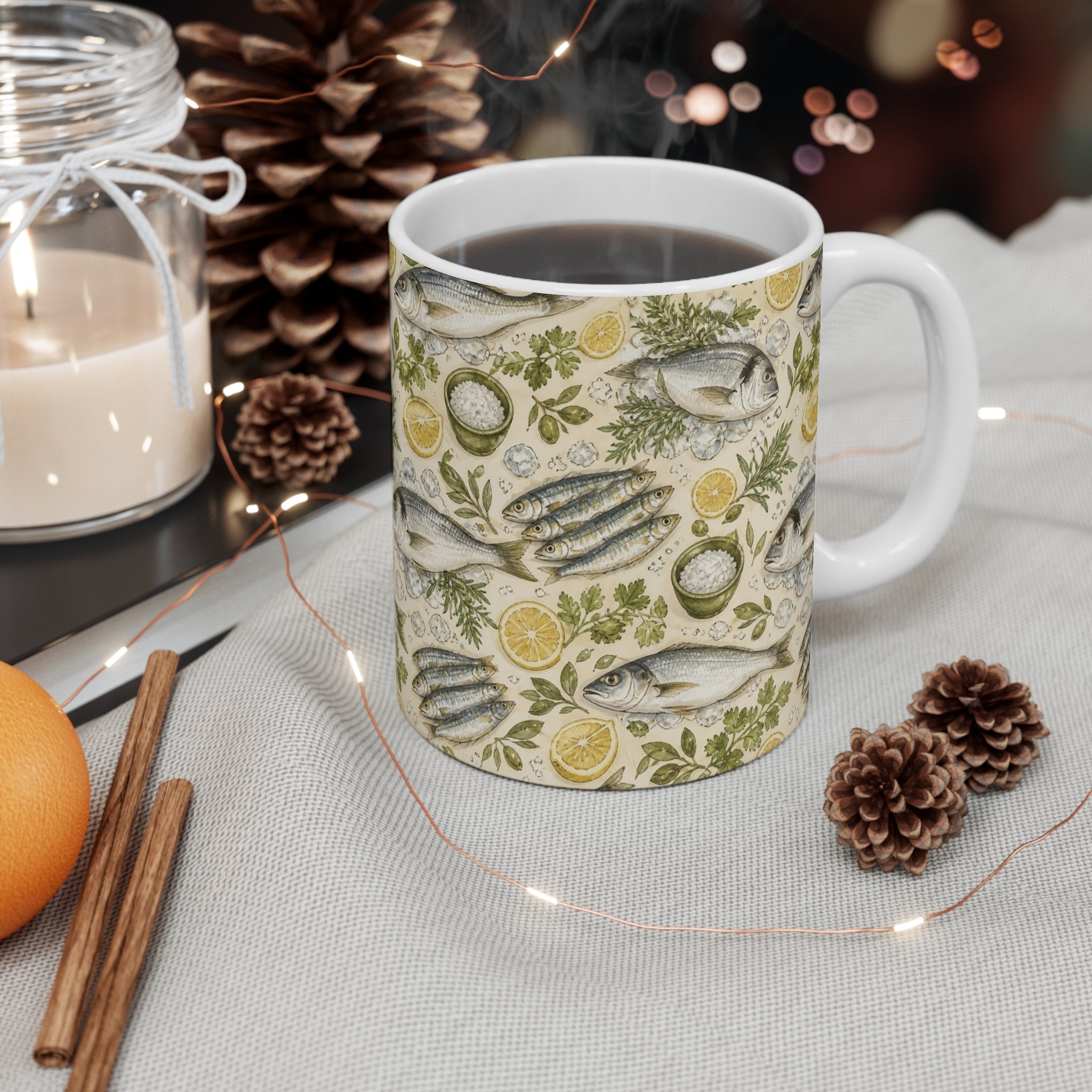 Mediterranean Fish 11oz Ceramic Mug Mediterranean Kitchen Watercolor Design Italian Cottagecore Gift