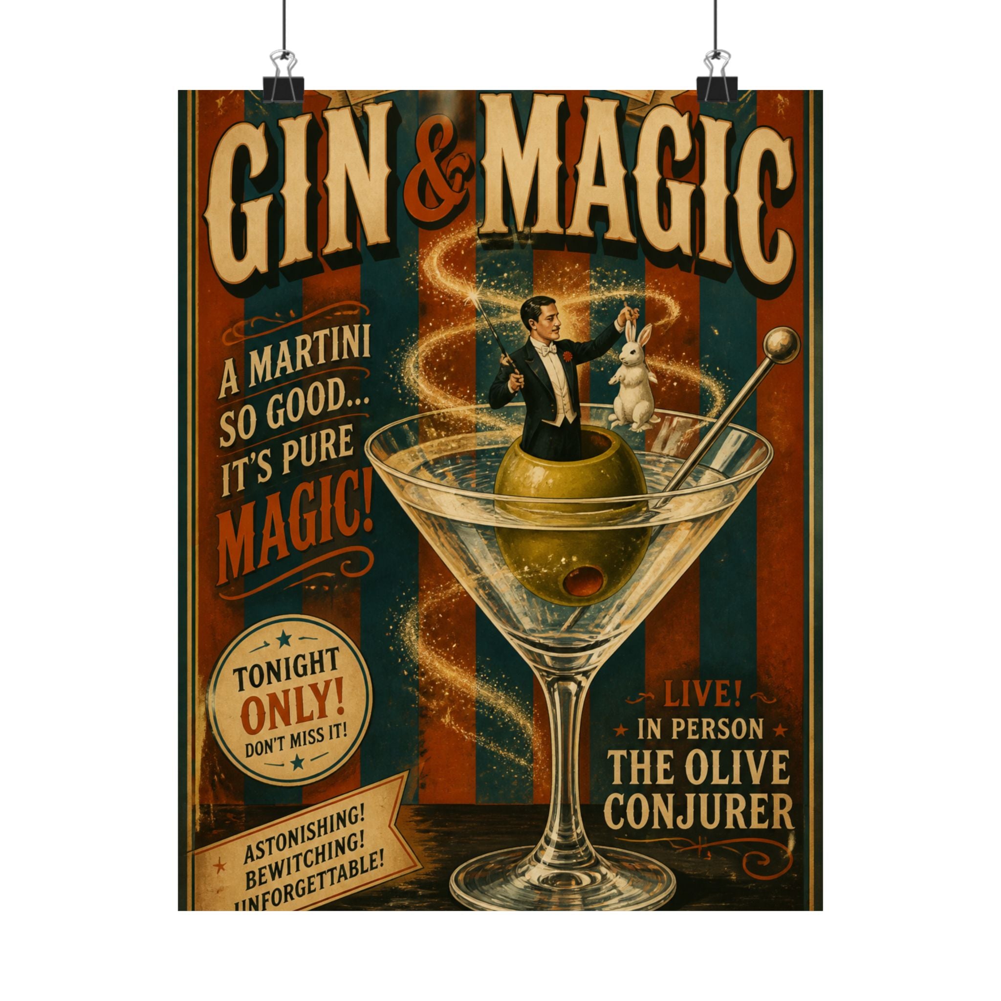 Martini Magician Wall Art Poster 18×24 Vintage Circus Kitchen Decor Maximalist Print