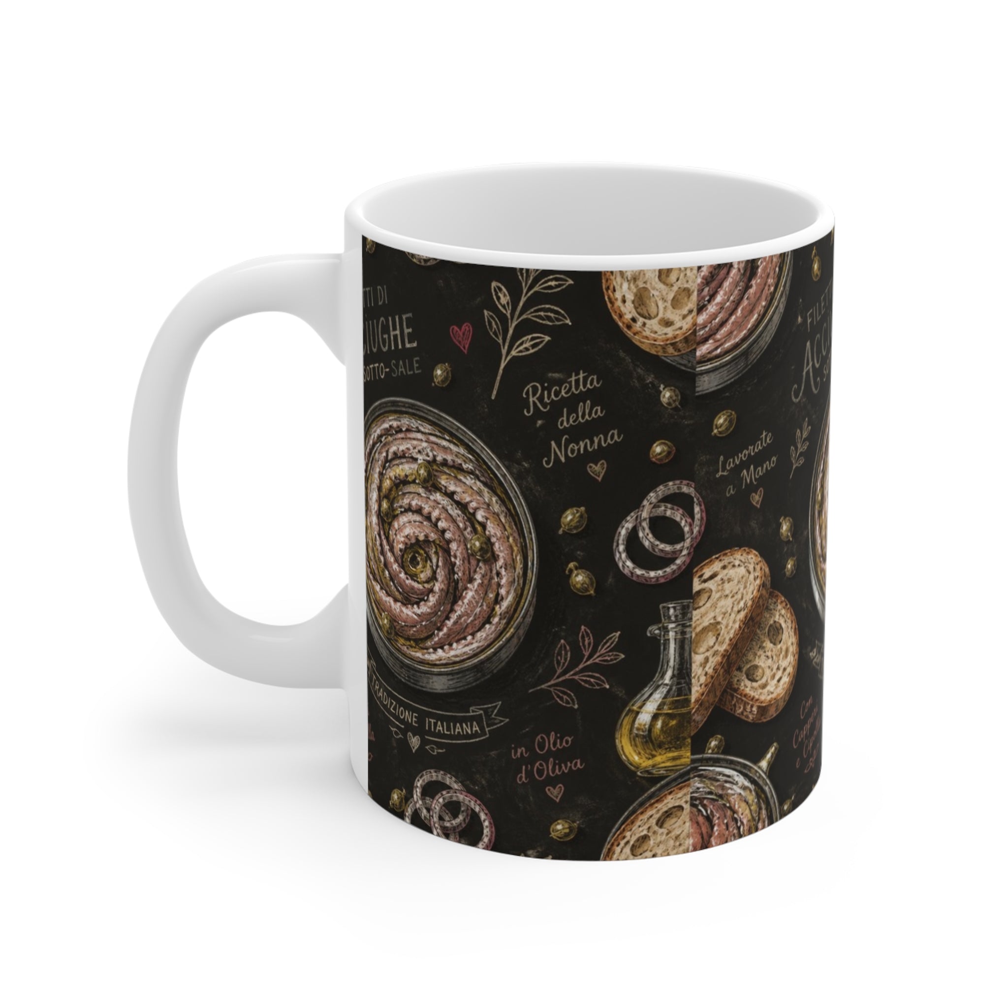 Anchovies & Capers 11oz Ceramic Mug Mediterranean Kitchen Chalk Art Design Italian Cottagecore Gift