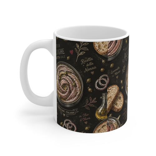Anchovies & Capers 11oz Ceramic Mug Mediterranean Kitchen Chalk Art Design Italian Cottagecore Gift