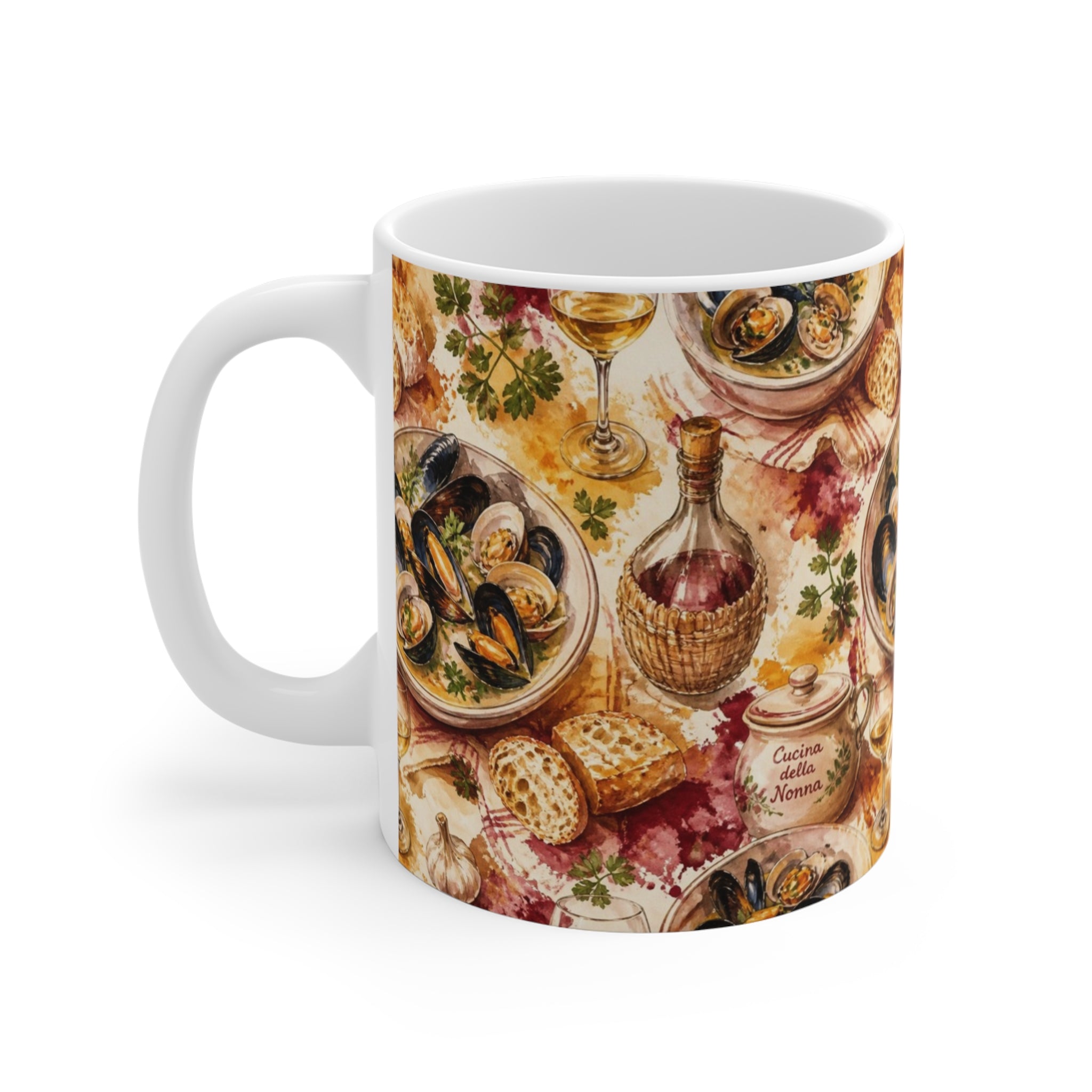 Mussels & Clams 11oz Ceramic Mug Mediterranean Kitchen Watercolor Splash Design Italian Cottagecore Gift