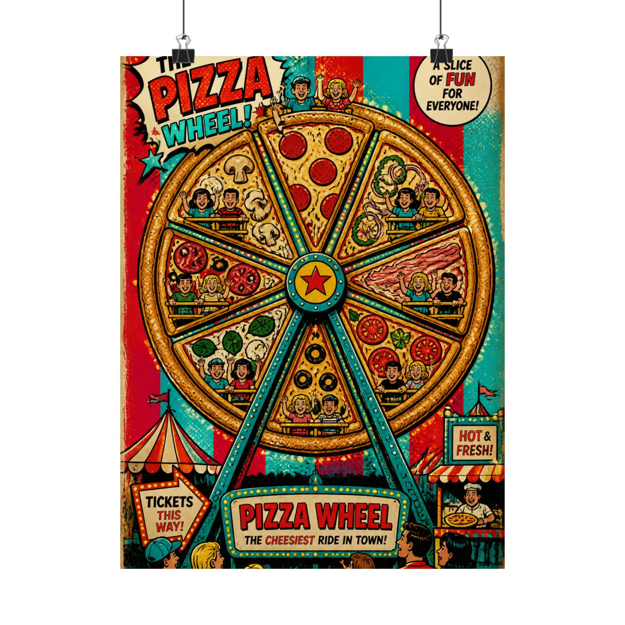 Pizza Ferris Wheel Wall Art Poster 24×36 Pop Art Restaurant Decor Maximalist Print