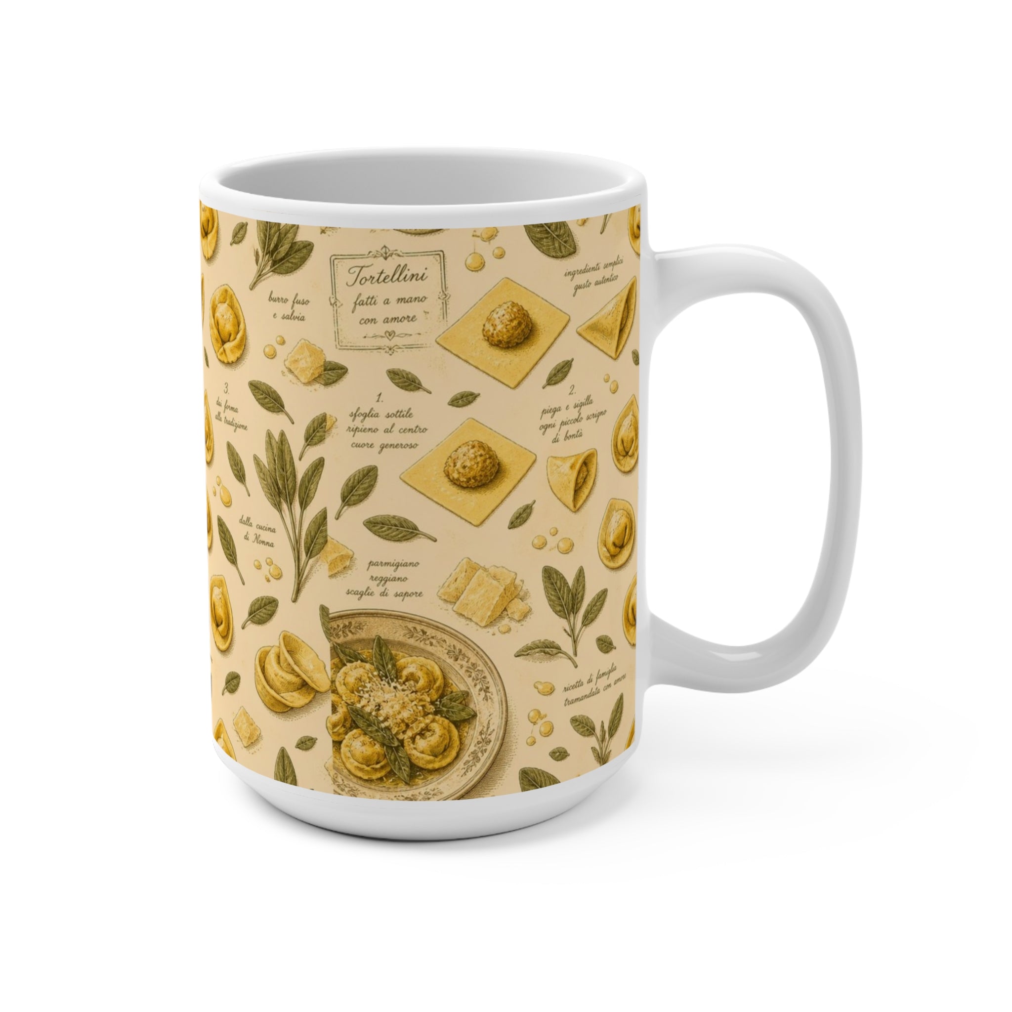 Tortellini with Sage 15oz Ceramic Mug Mediterranean Kitchen Botanical Design Italian Cottagecore Gift