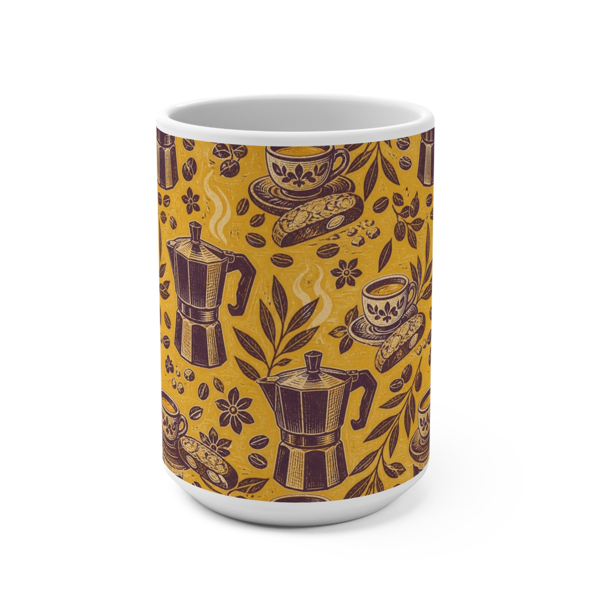 Espresso Moka Pot 15oz Ceramic Mug Mediterranean Kitchen Linocut Design Italian Cottagecore Gift