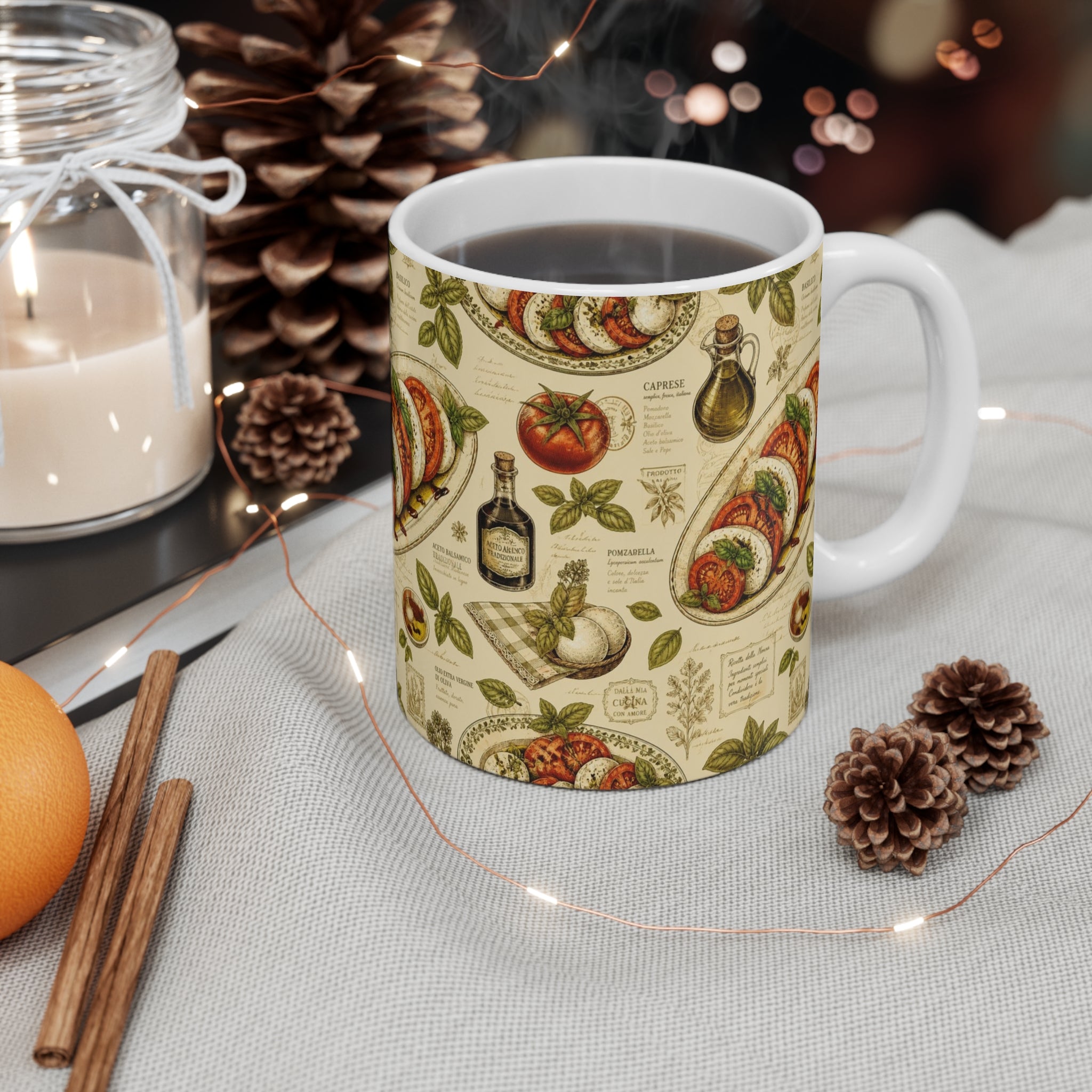 Caprese Arrangement 11oz Ceramic Mug Mediterranean Kitchen Botanical Design Italian Cottagecore Gift