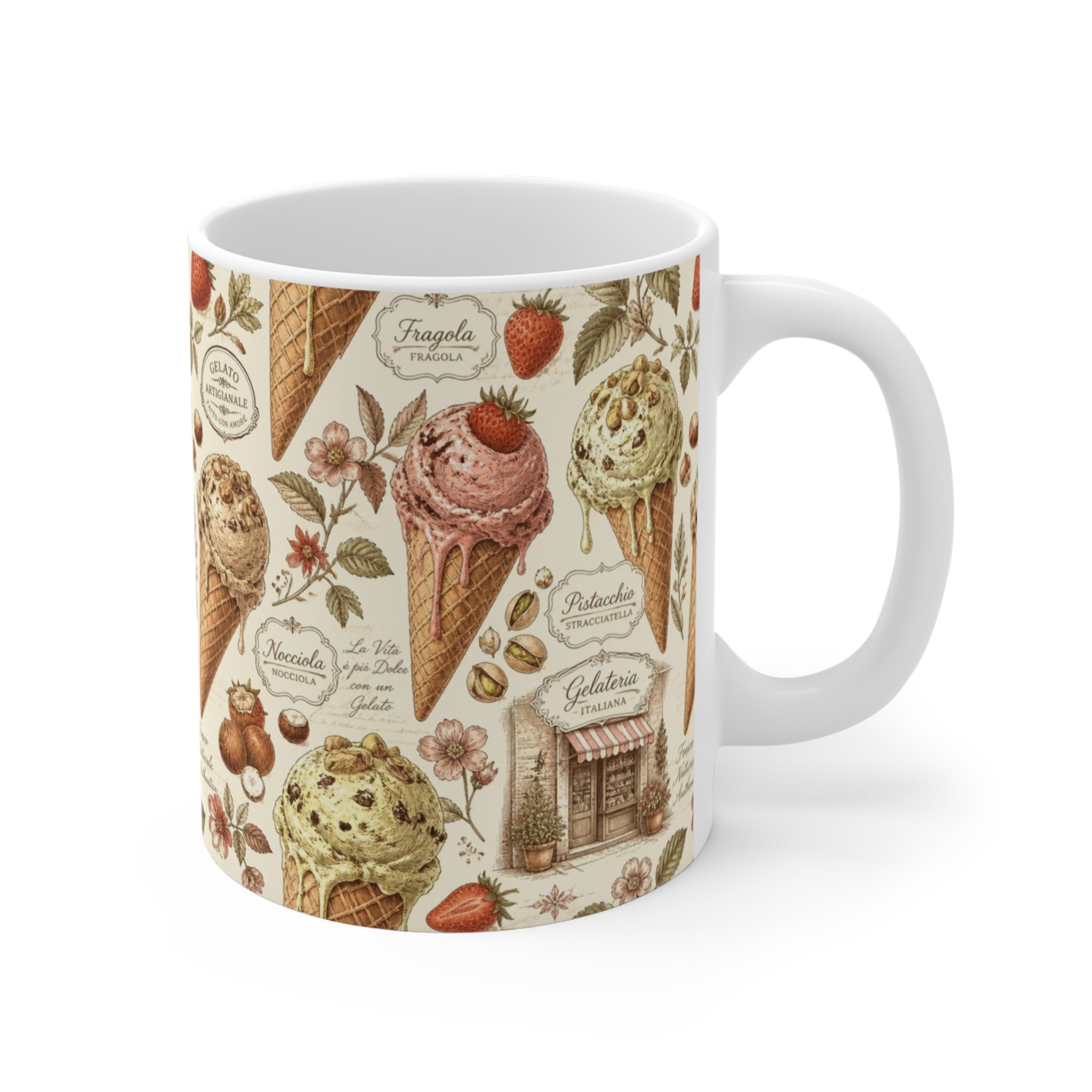 Gelato Scoops 11oz Ceramic Mug Mediterranean Kitchen Botanical Design Italian Cottagecore Gift
