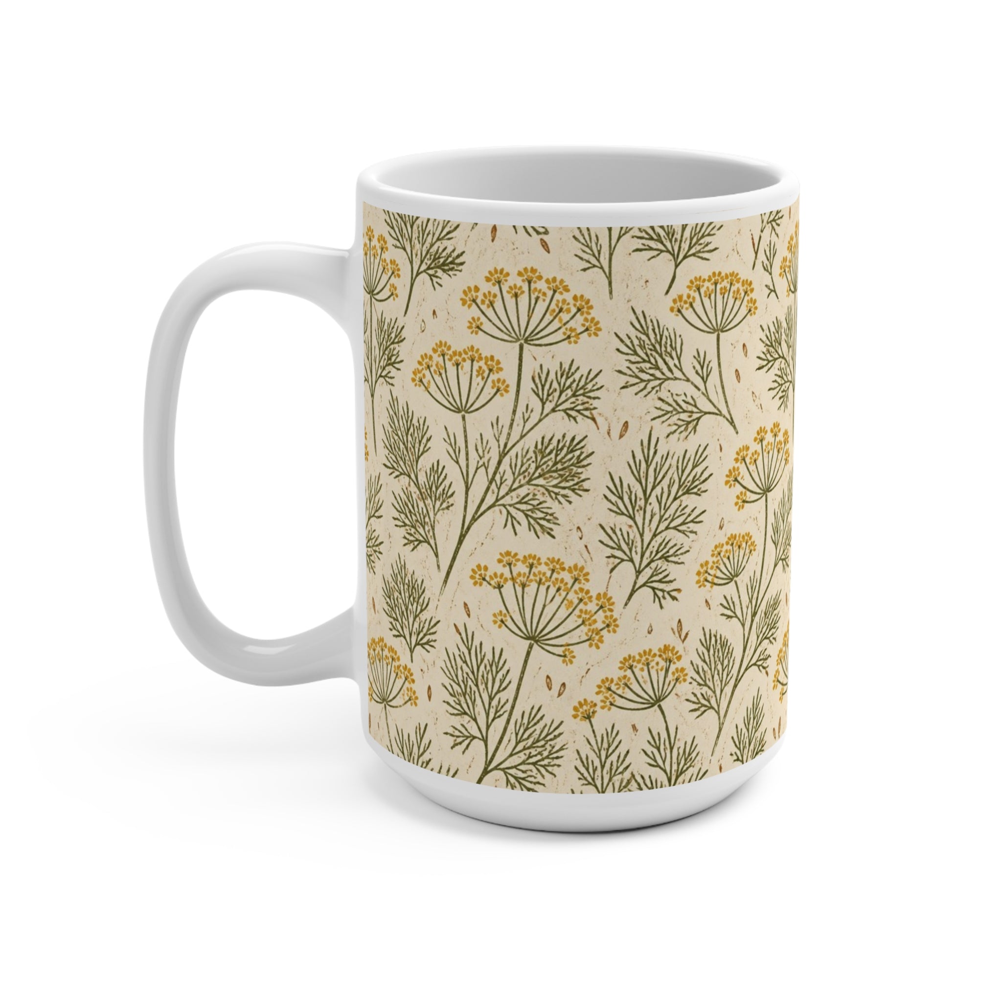 Dill Fronds 15oz Ceramic Mug Mediterranean Kitchen Linocut Design Italian Cottagecore Gift