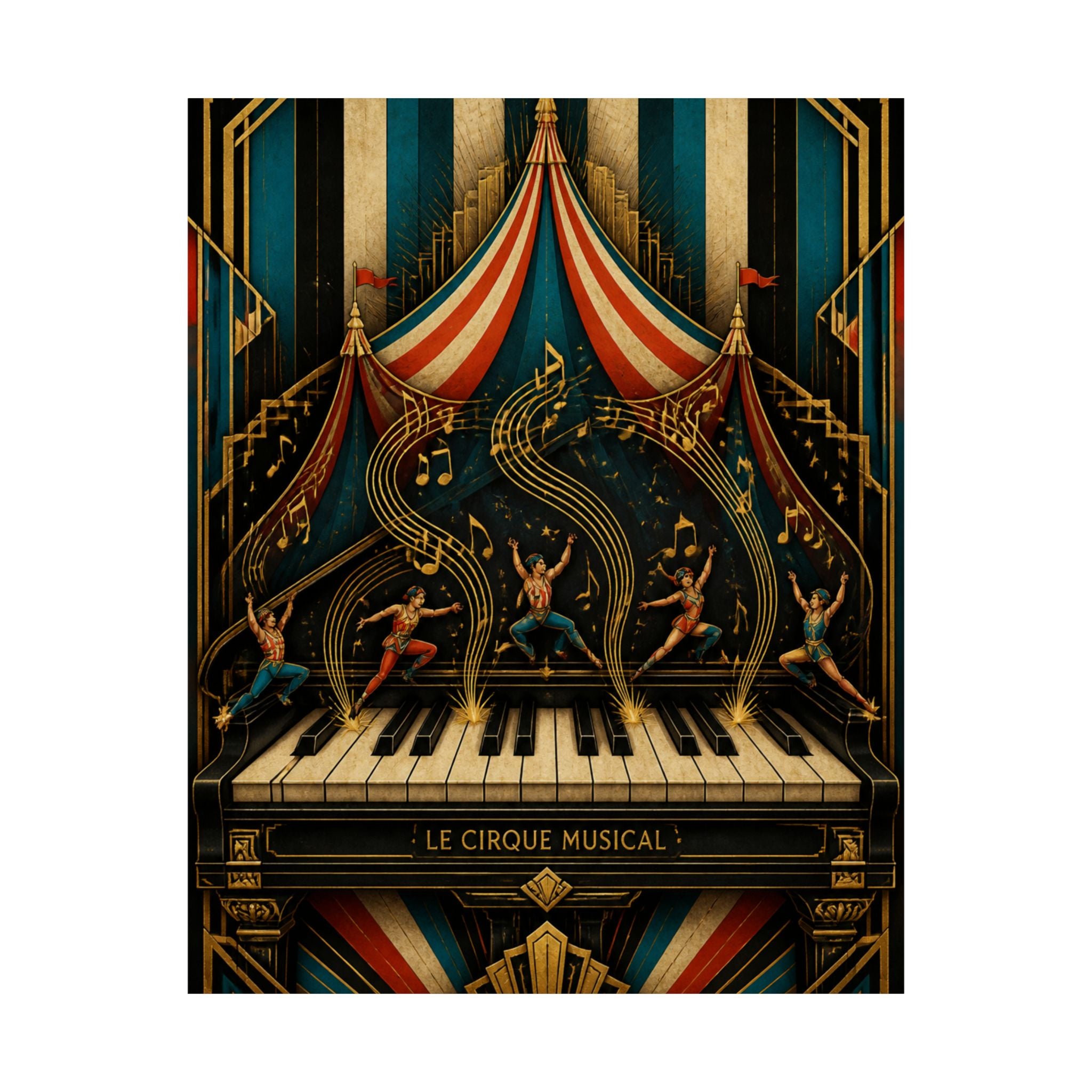 Grand Piano Acrobats Wall Art Poster 24×36 Art Deco Bar Area Decor Maximalist Print