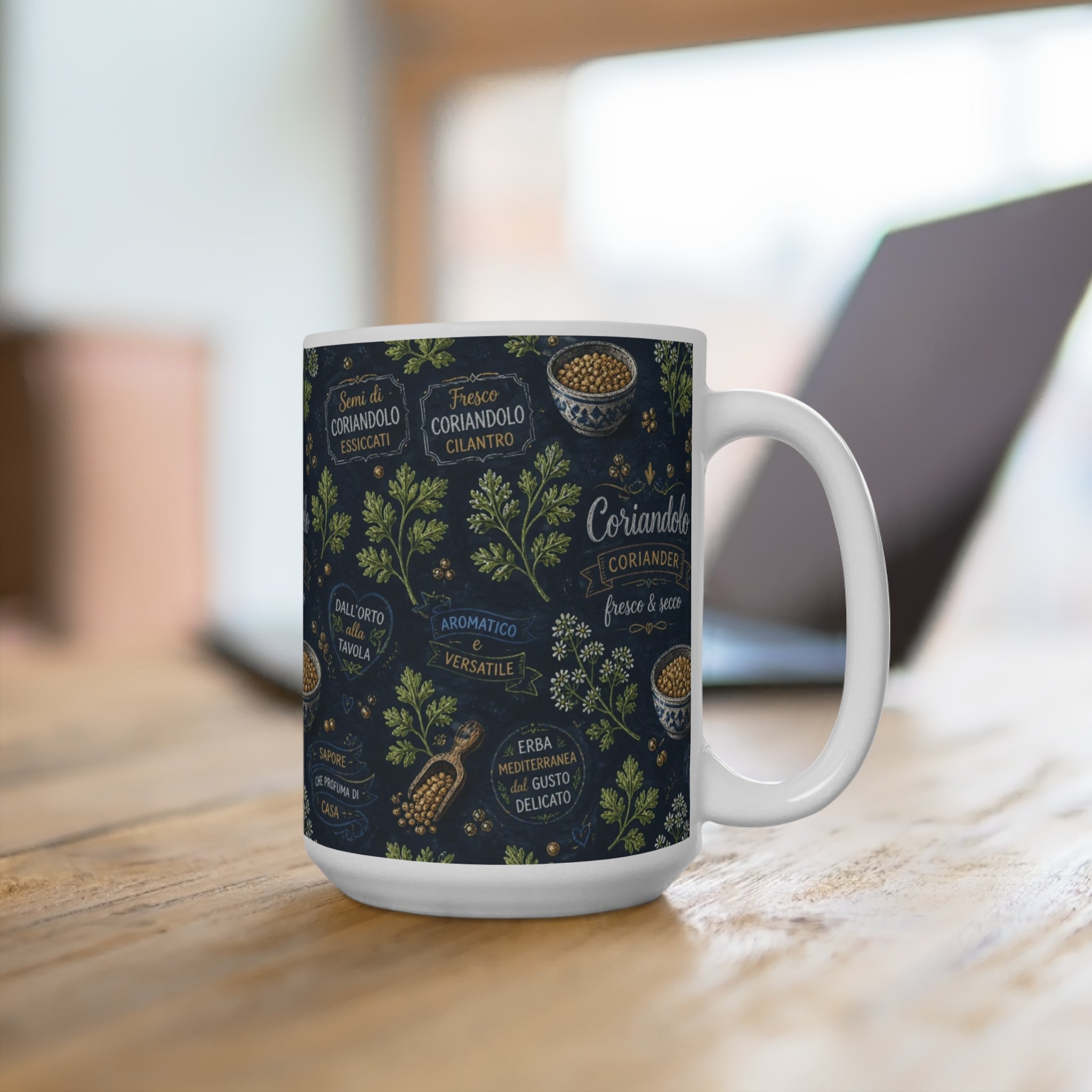 Coriander & Seeds 15oz Ceramic Mug Mediterranean Kitchen Chalk Art Design Italian Cottagecore Gift