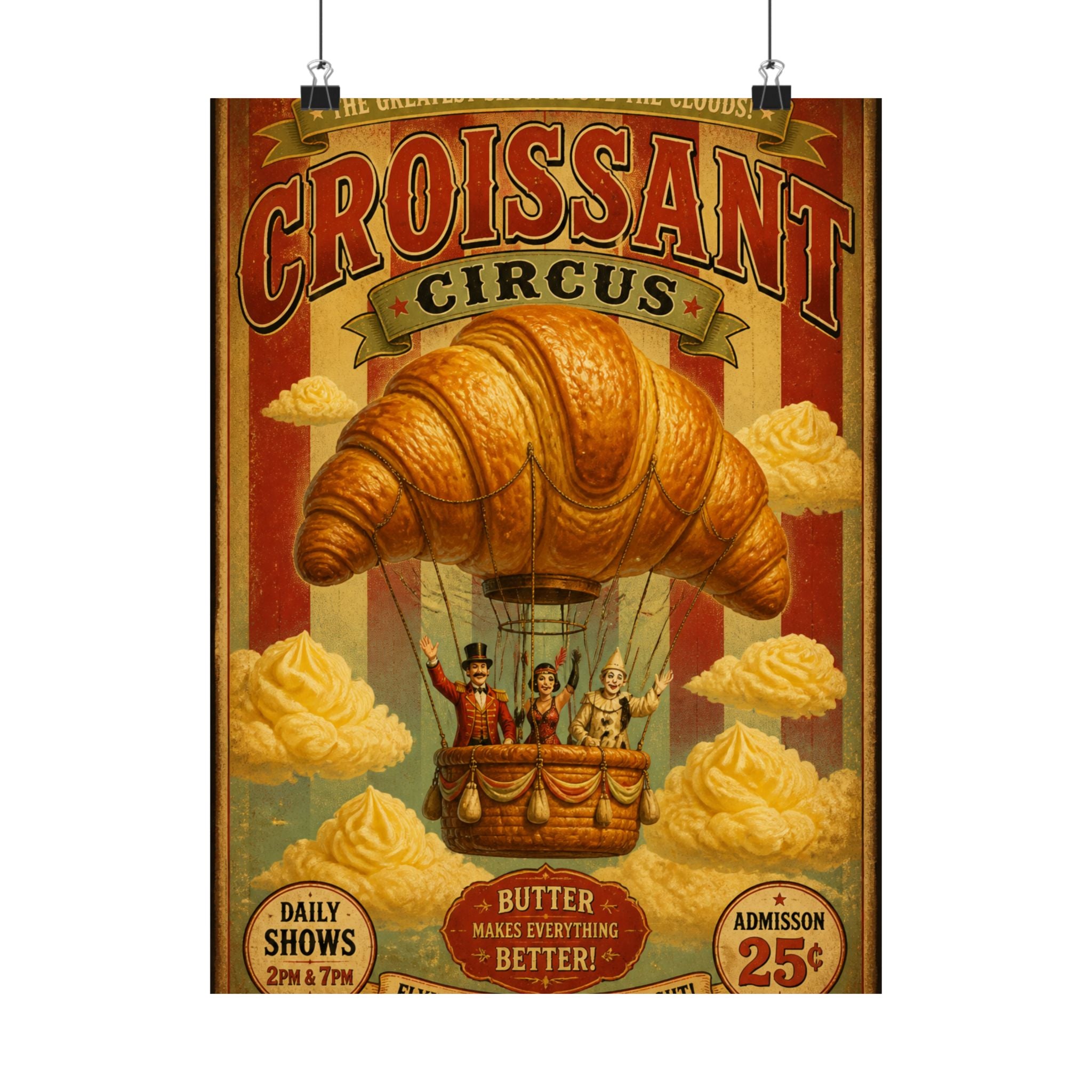 Croissant Hot Air Balloon Wall Art Poster 24×36 Vintage Circus Bedroom Decor Maximalist Print