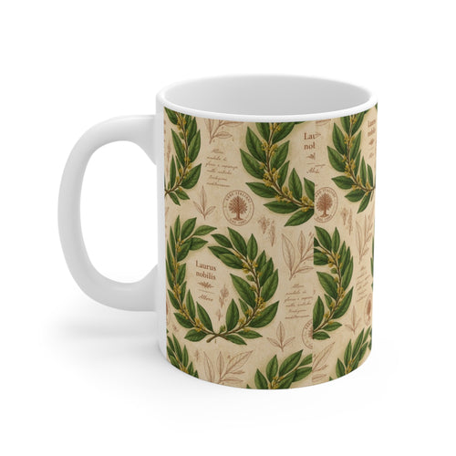 Bay Laurel Wreath 11oz Ceramic Mug Mediterranean Kitchen Botanical Design Italian Cottagecore Gift